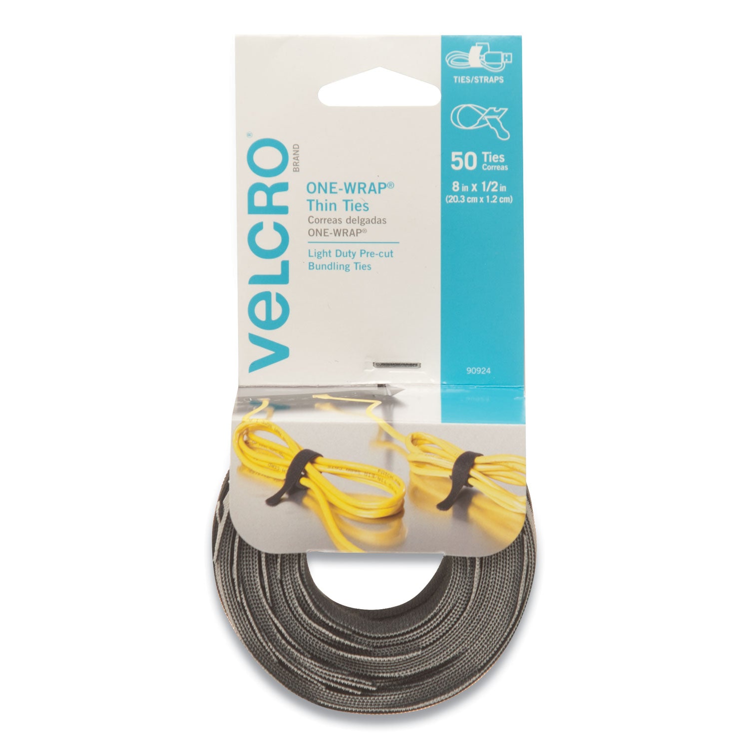 ONE-WRAP Pre-Cut Thin Ties, 0.5" x 8", Black/Gray, 50/Pack - 