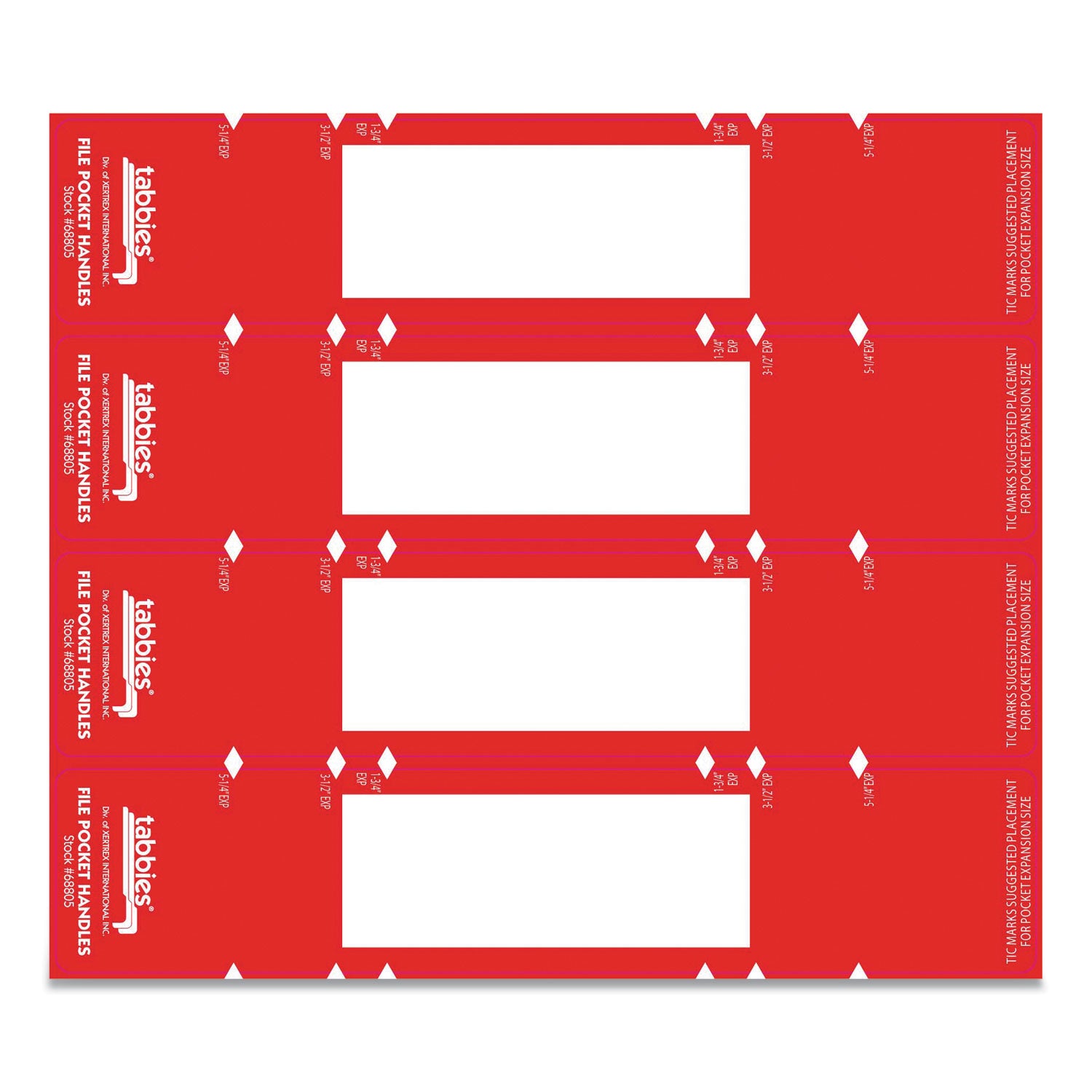 File Pocket Handles, 9.63 x 2, Red/White, 4/Sheet, 12 Sheets/Pack - 