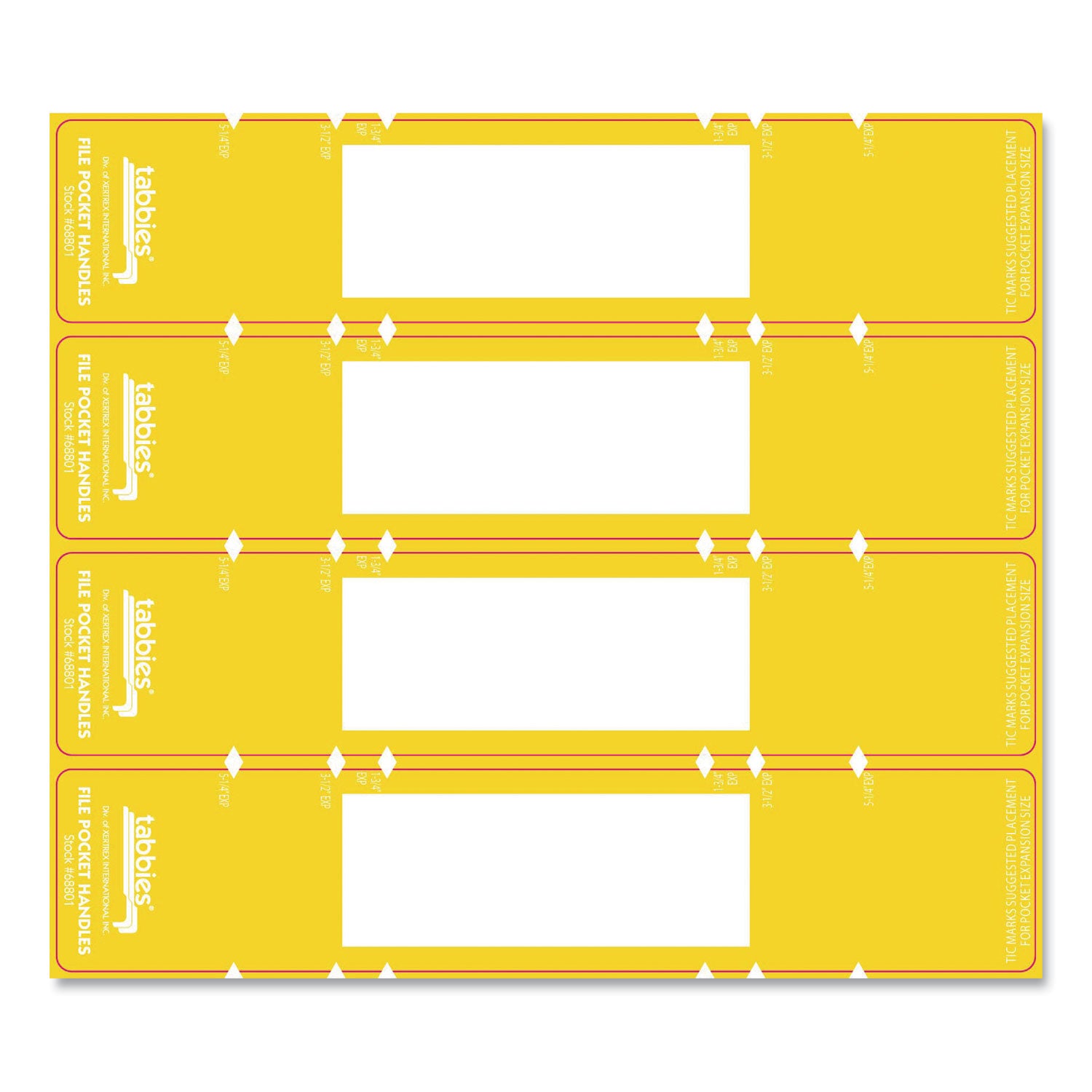 File Pocket Handles, 9.63 x 2, Yellow/White, 4/Sheet, 12 Sheets/Pack - 