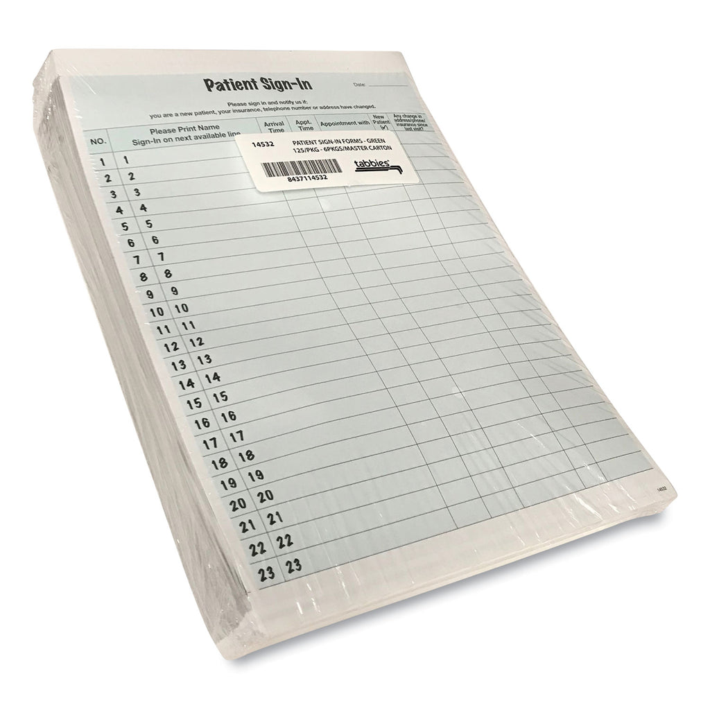 Tabbies Patient Sign-In Label Forms - 125 Sheet(s) - 11" x 8.50" Form Size - Letter - Green Sheet(s) - Paper - 125 / Pack