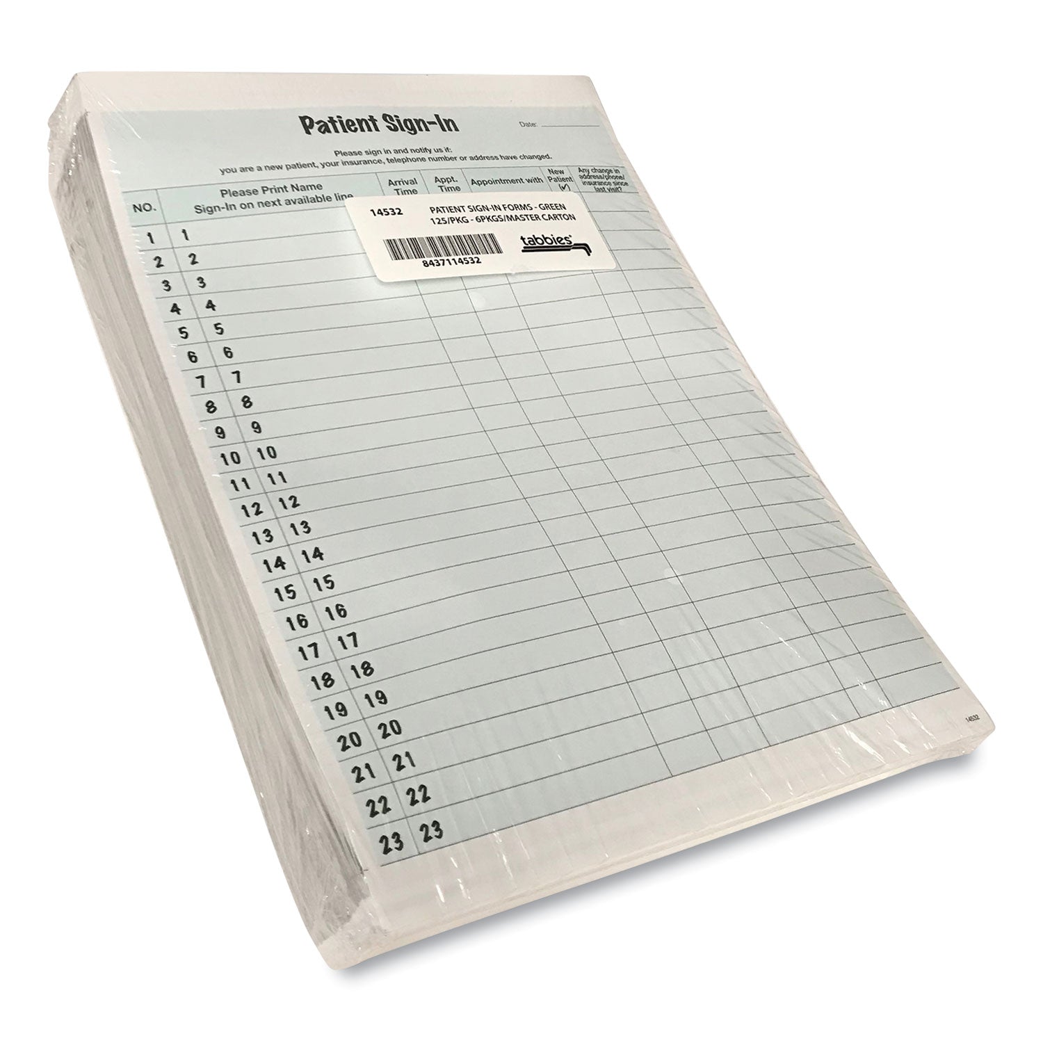 Tabbies Patient Sign-In Label Forms - 125 Sheet(s) - 11" x 8.50" Form Size - Letter - Green Sheet(s) - Paper - 125 / Pack