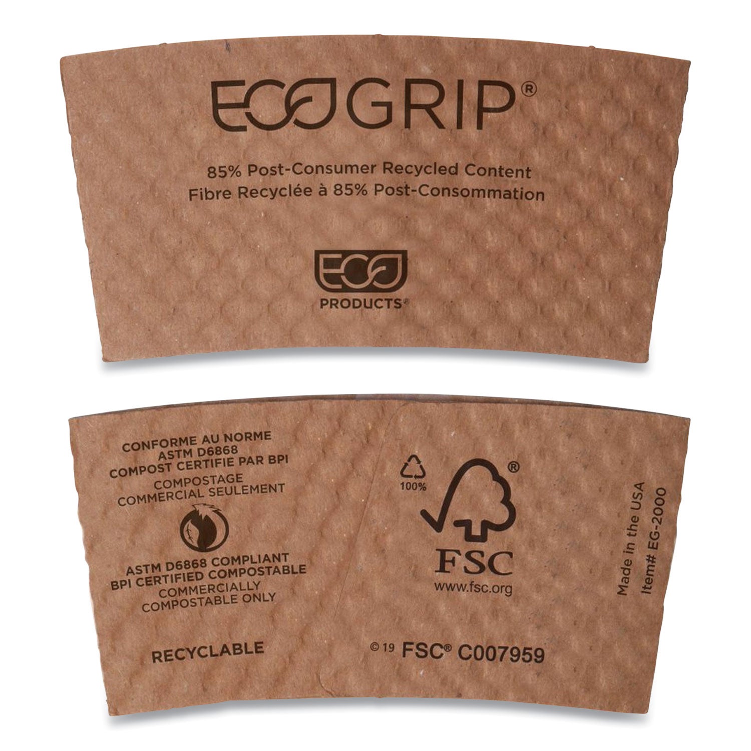 EcoGrip Hot Cup Sleeves - Renewable and Compostable, Fits 12, 16, 20, 24 oz Cups, Kraft, 1,300/Carton - 