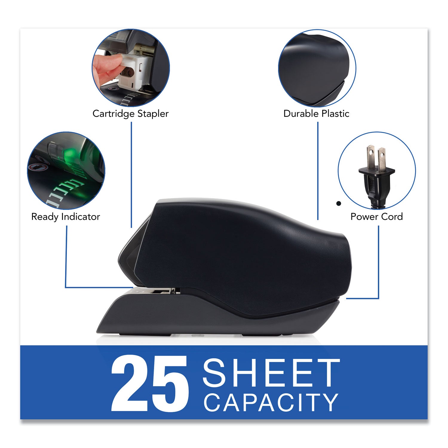 Desktop Cartridge Electric Stapler with LED Guide, 25-Sheet Capacity, Black