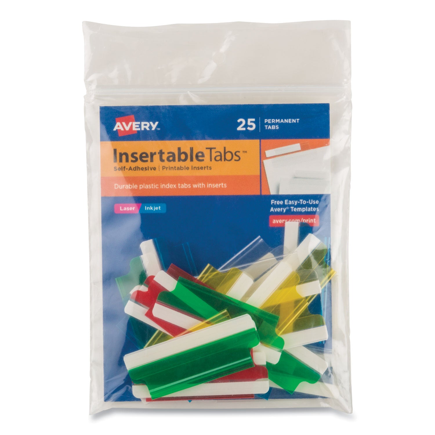 Insertable Index Tabs with Printable Inserts, 1/5-Cut, Assorted Colors, 2" Wide, 25/Pack - 