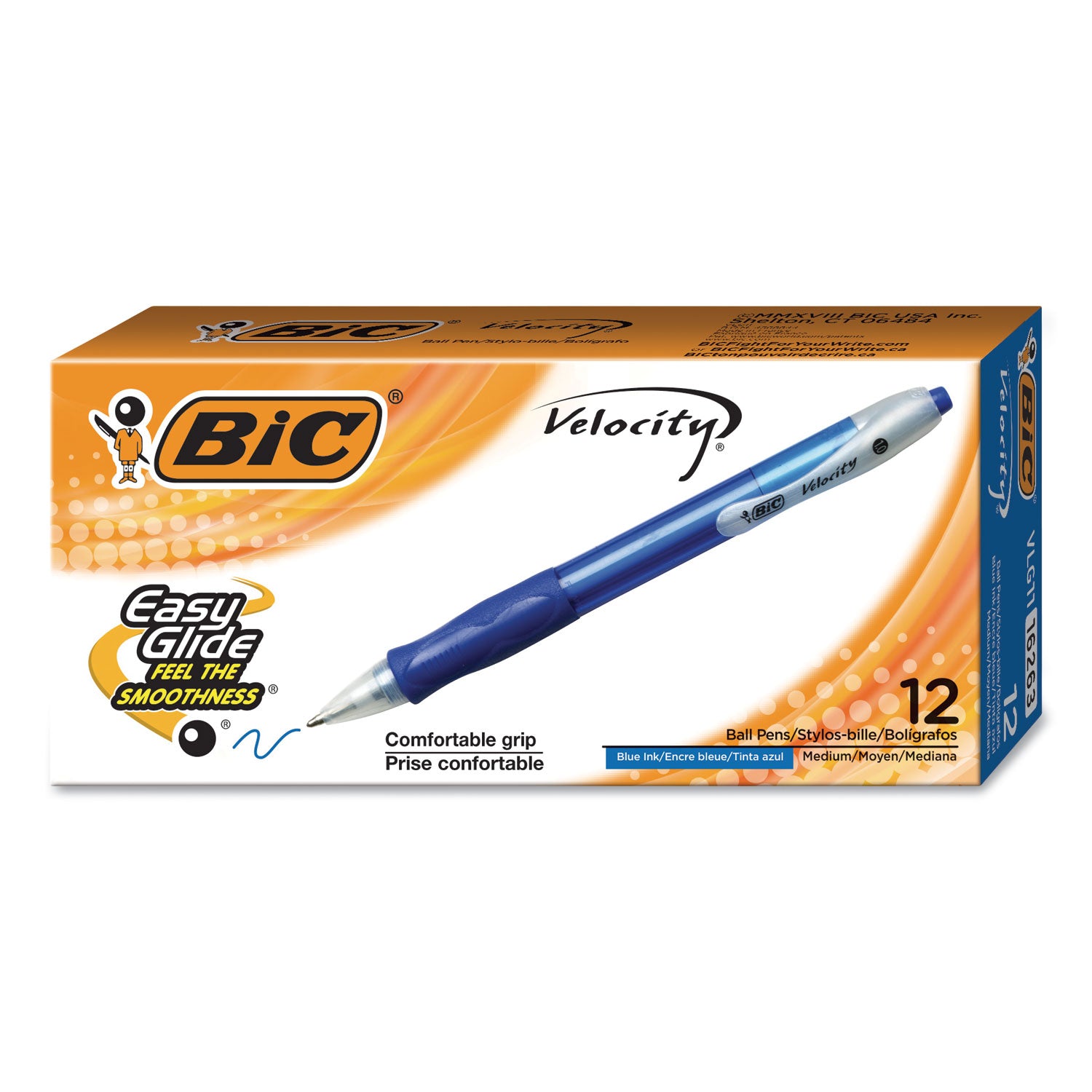 Velocity Easy Glide Ballpoint Pen, Retractable, Medium 1 mm, Blue Ink, Translucent Blue Barrel, Dozen - 