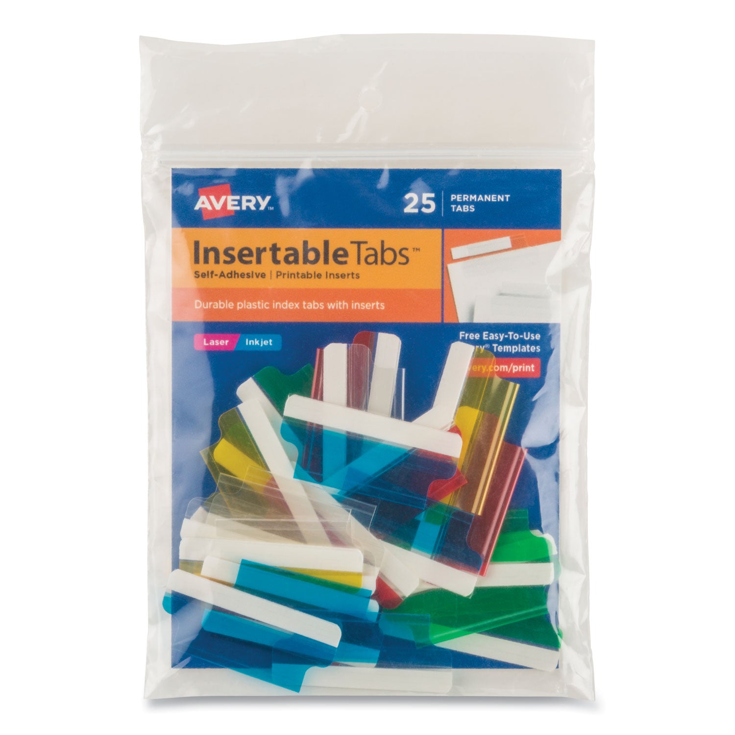 Insertable Index Tabs with Printable Inserts, 1/5-Cut, Assorted Colors, 1.5" Wide, 25/Pack - 