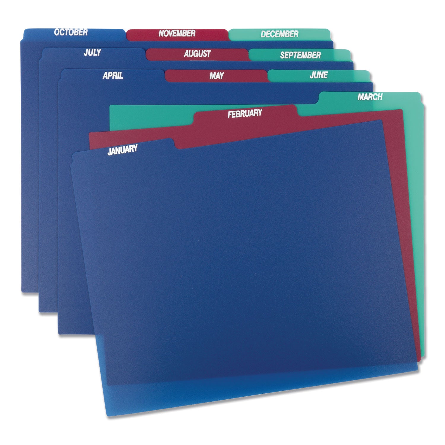 Poly Top Tab File Guides, 1/3-Cut Top Tab, January to December, 8.5 x 11, Assorted Colors, 12/Set - 