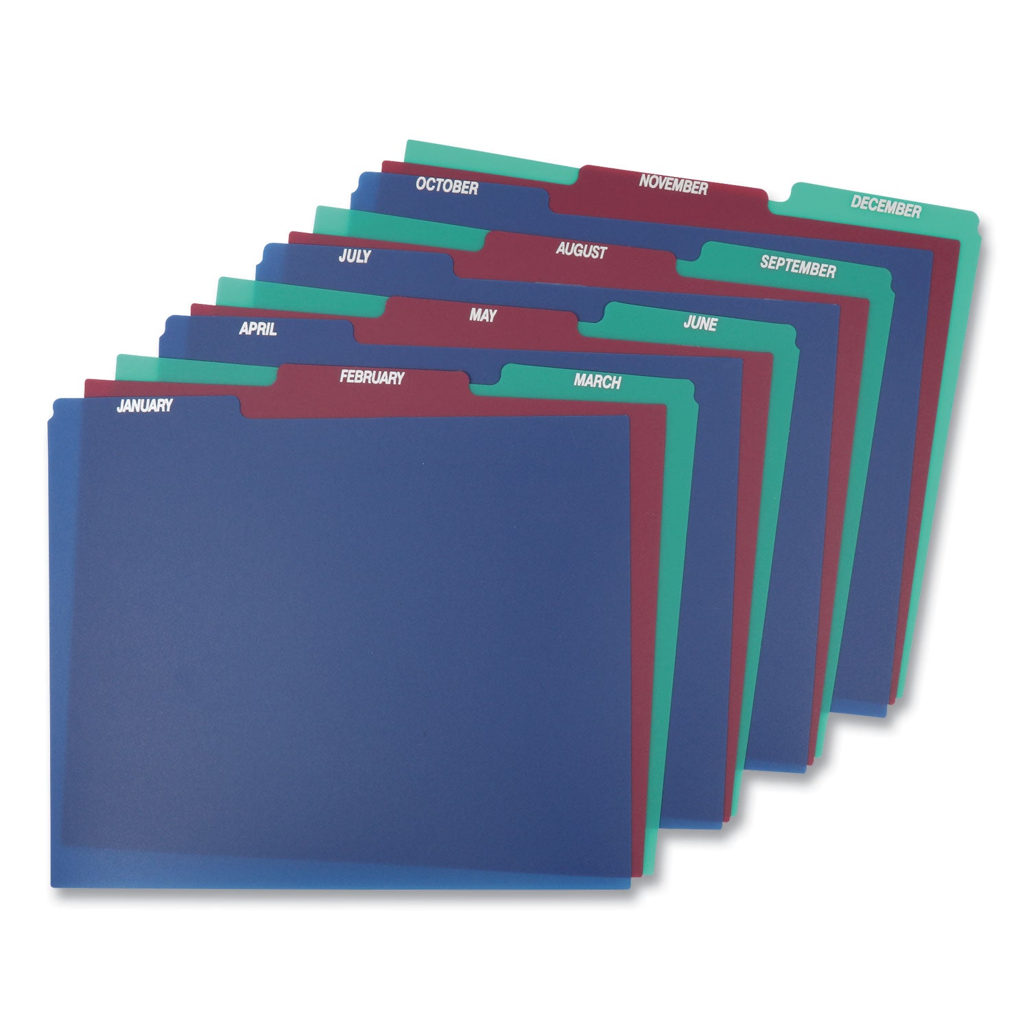 Poly Top Tab File Guides, 1/3-Cut Top Tab, January to December, 8.5 x 11, Assorted Colors, 12/Set - 