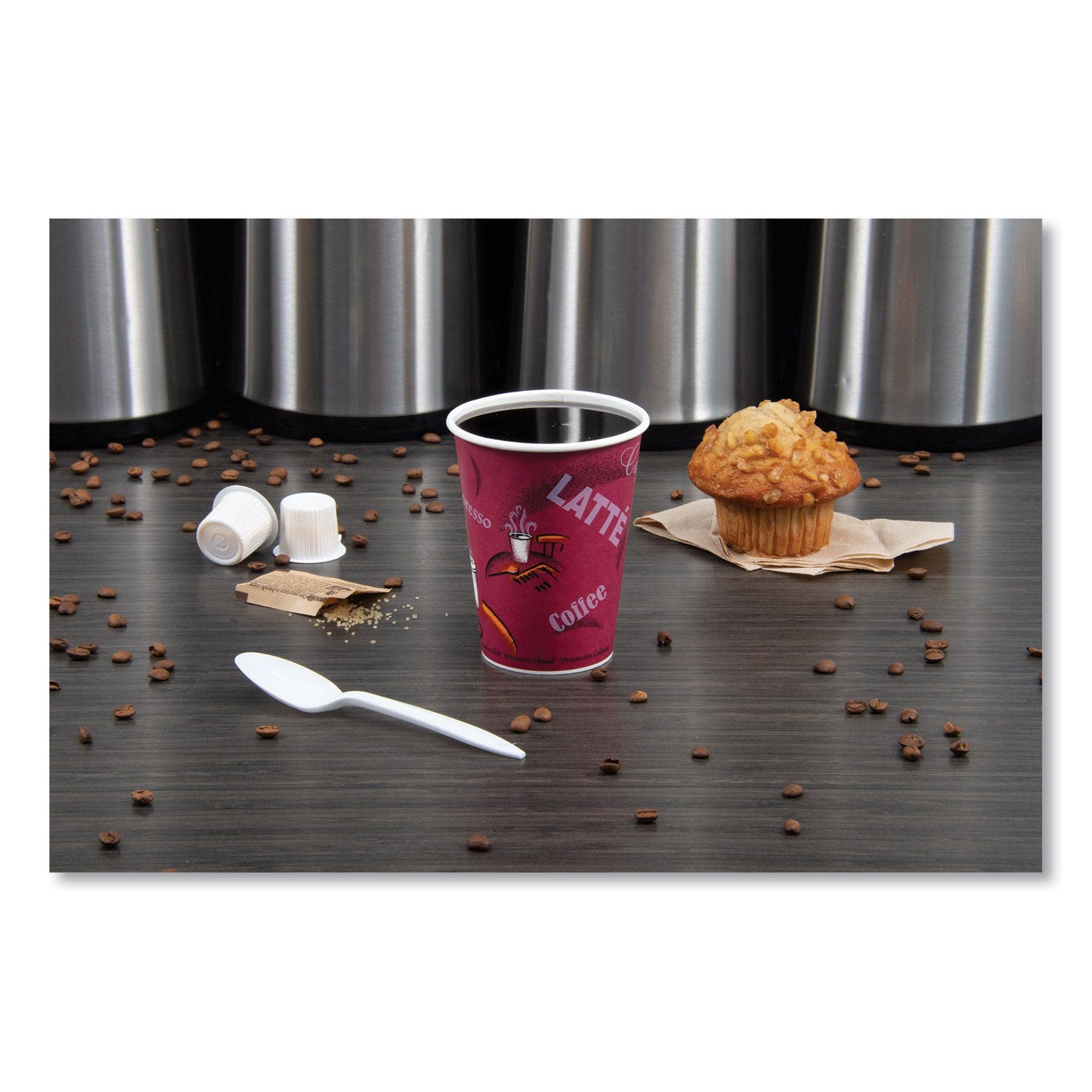 Paper Hot Drink Cups in Bistro Design, 12 oz, Maroon, 50/Bag, 20 Bags/Carton - 