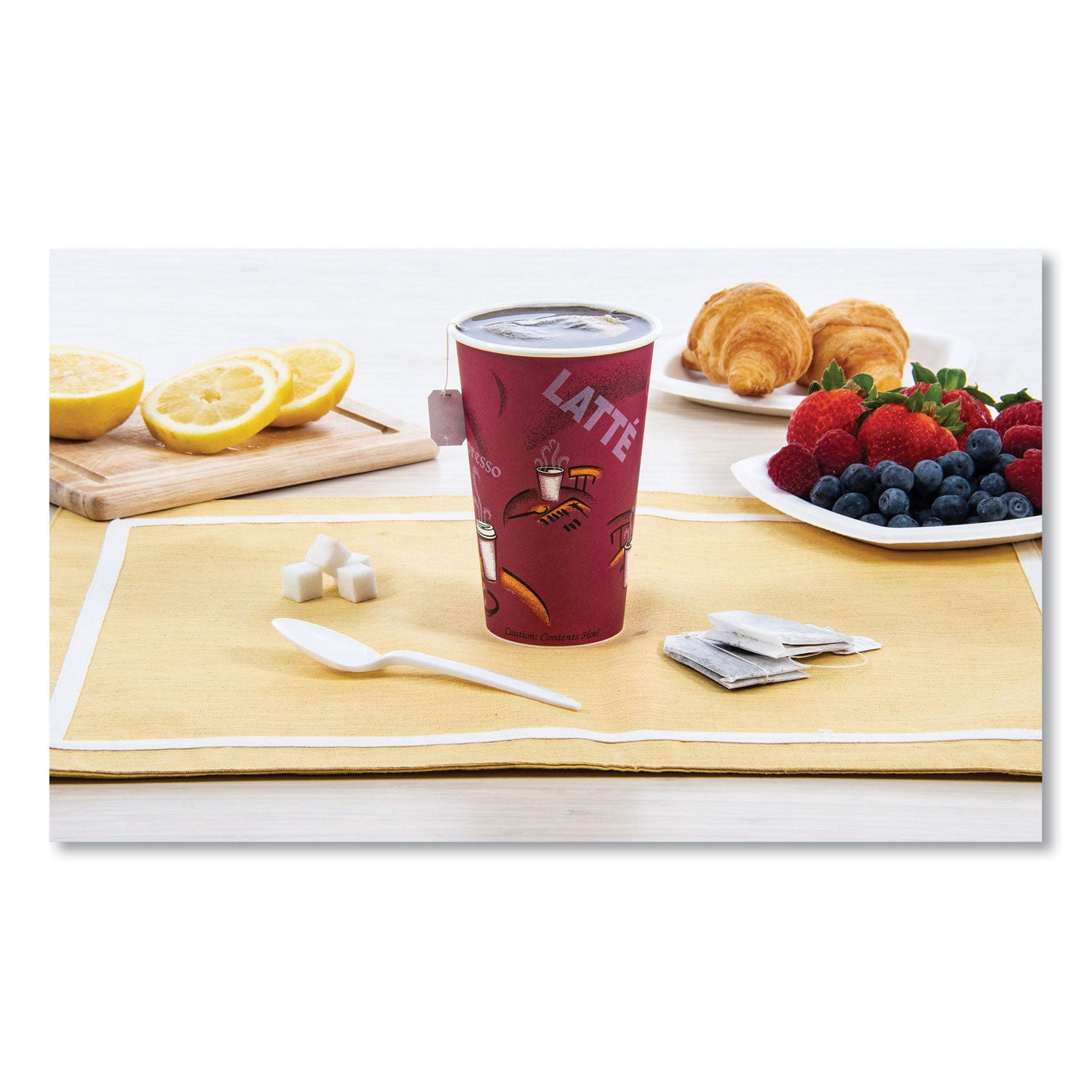 Paper Hot Drink Cups in Bistro Design, 16 oz, Maroon, 1,000/Carton - 