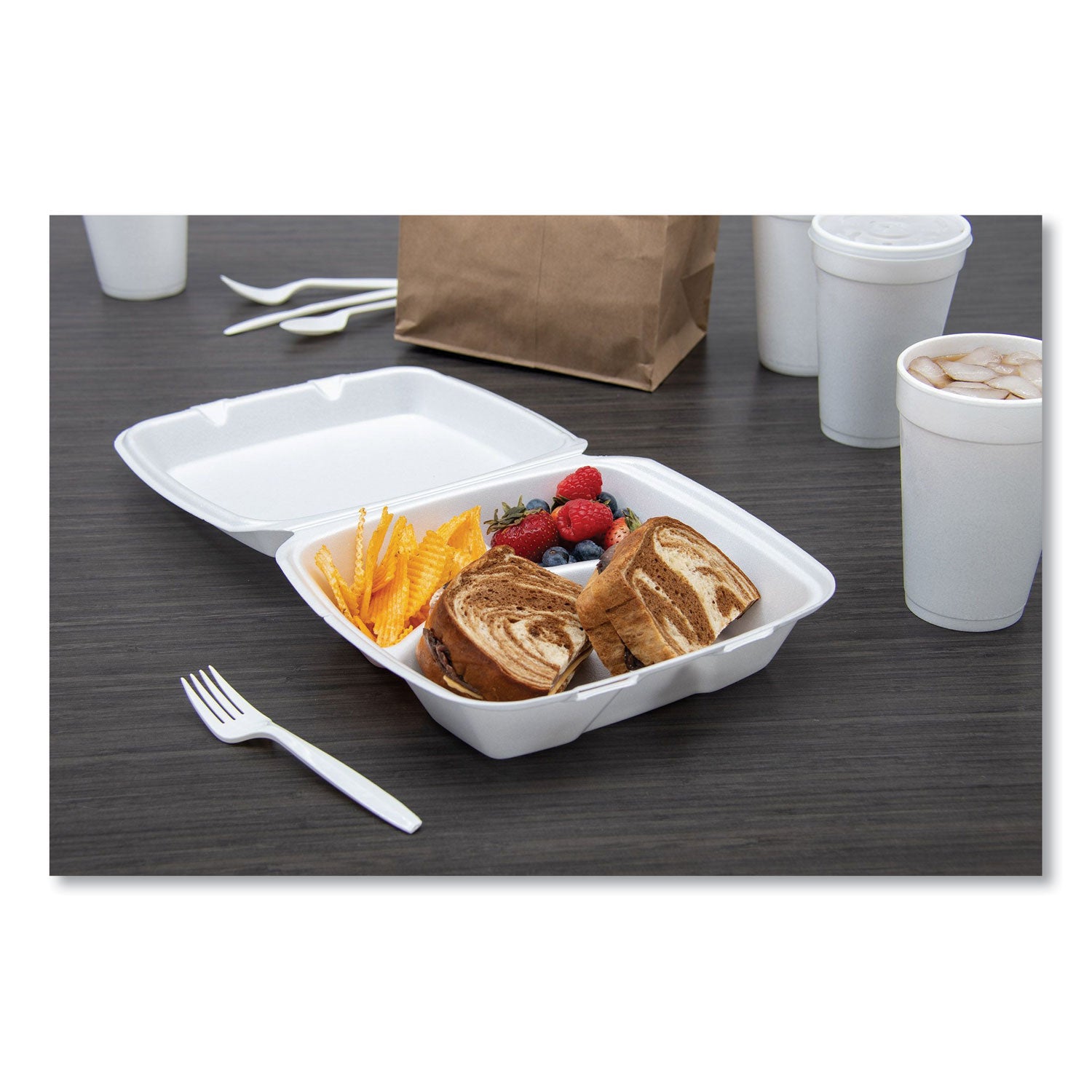 Foam Hinged Lid Containers, 3-Compartment, 8.38 x 7.78 x 3.25, 200/Carton - 