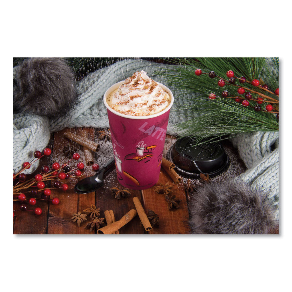 Paper Hot Drink Cups in Bistro Design, 16 oz, Maroon, 1,000/Carton