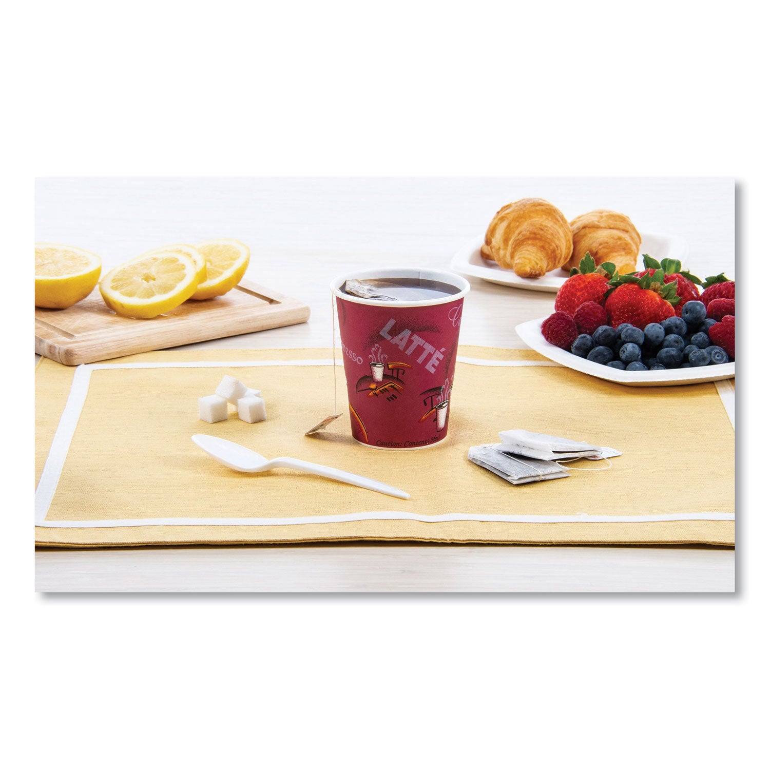 Paper Hot Drink Cups in Bistro Design, 10 oz, Maroon, 1,000/Carton