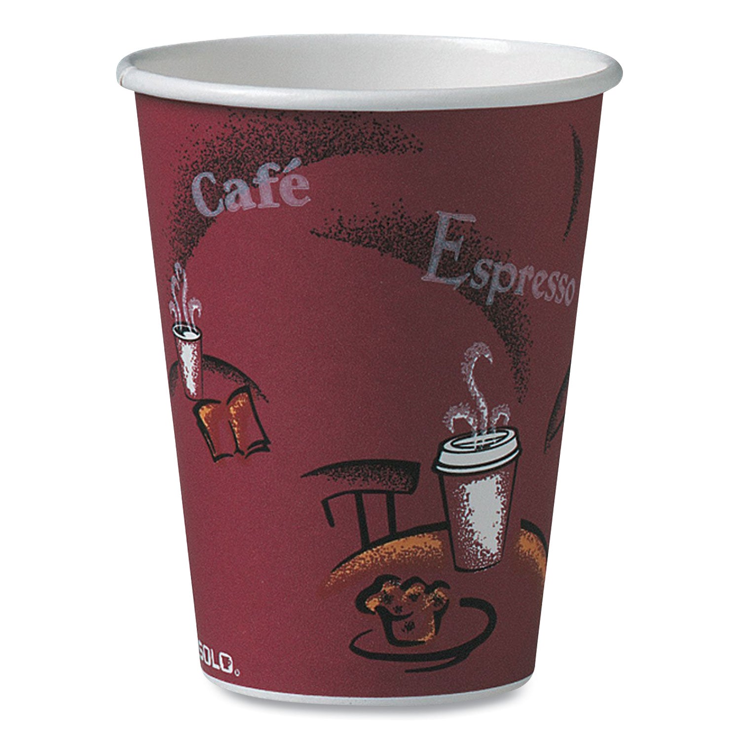 Paper Hot Drink Cups in Bistro Design, 12 oz, Maroon, 50/Bag, 20 Bags/Carton - 