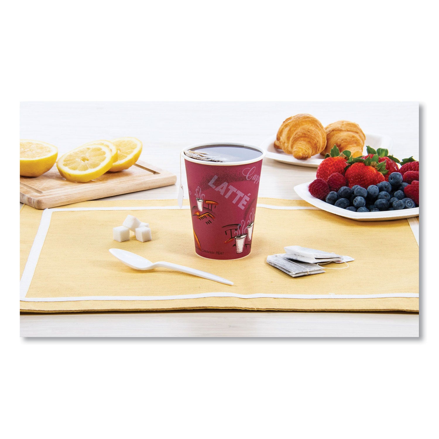 Paper Hot Drink Cups in Bistro Design, 12 oz, Maroon, 50/Bag, 20 Bags/Carton
