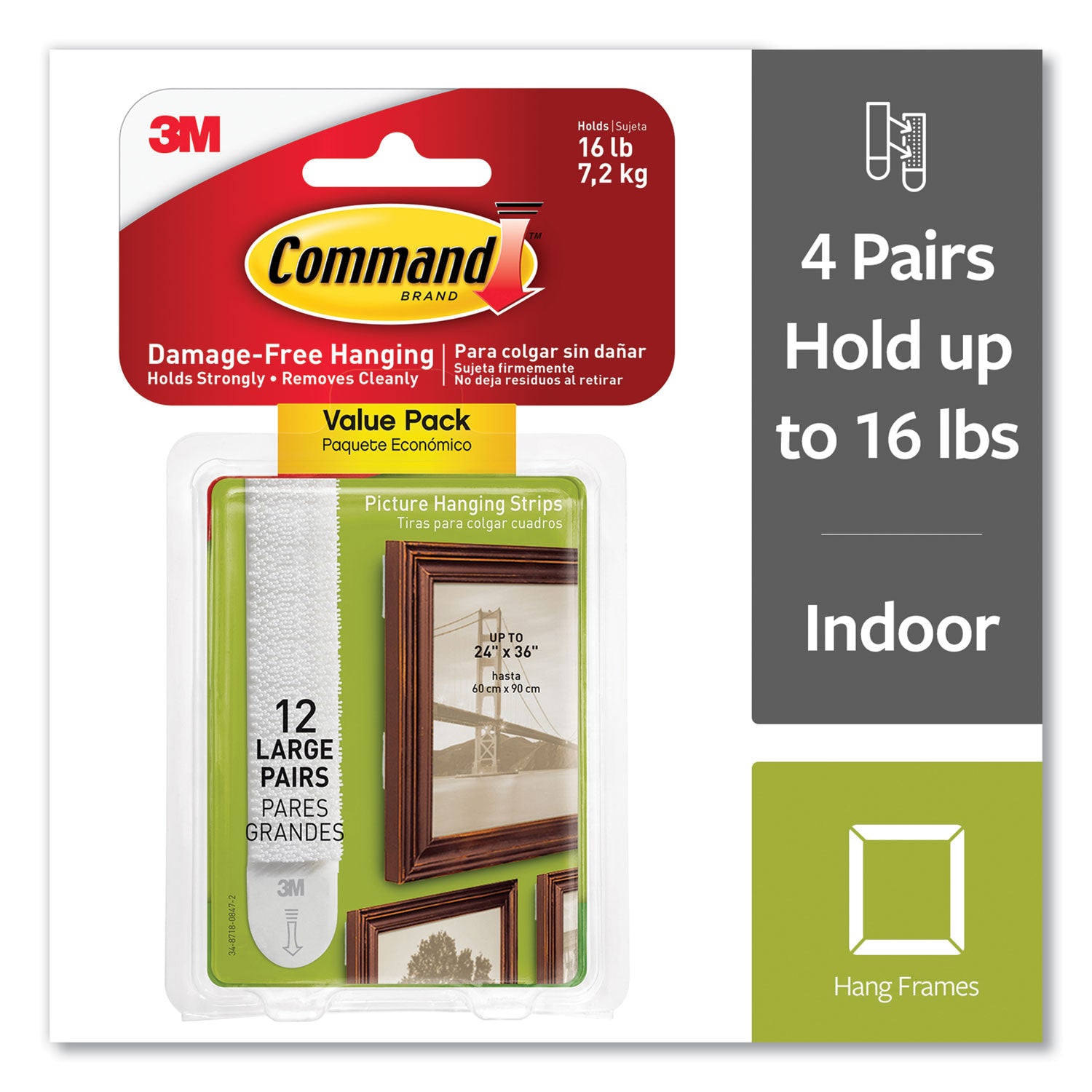 Picture Hanging Strips, Large, Removable, Holds Up to 4 lbs per Pair, 0.75 x 3.65, White, 12 Pairs/Pack