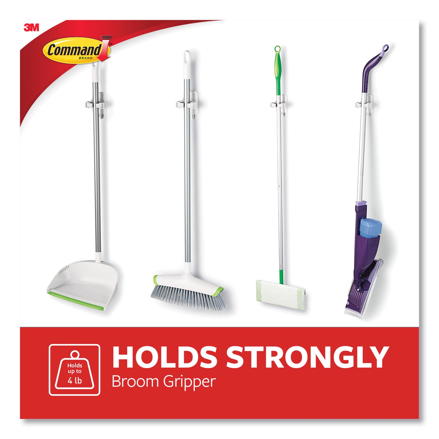 Broom Gripper, 3.12w x 1.85d x 3.34h, White/Gray, 2 Grippers/4 Strips