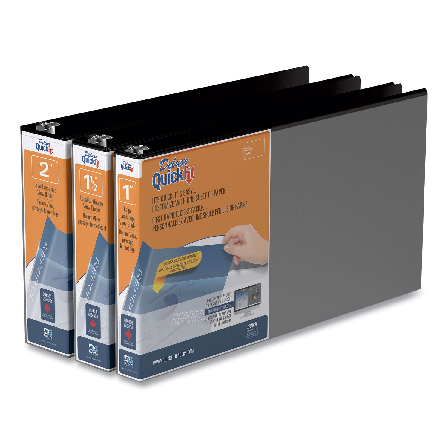 QuickFit Landscape Spreadsheet Round Ring View Binder, 3 Rings, 1" Capacity, 14 x 8.5, Black