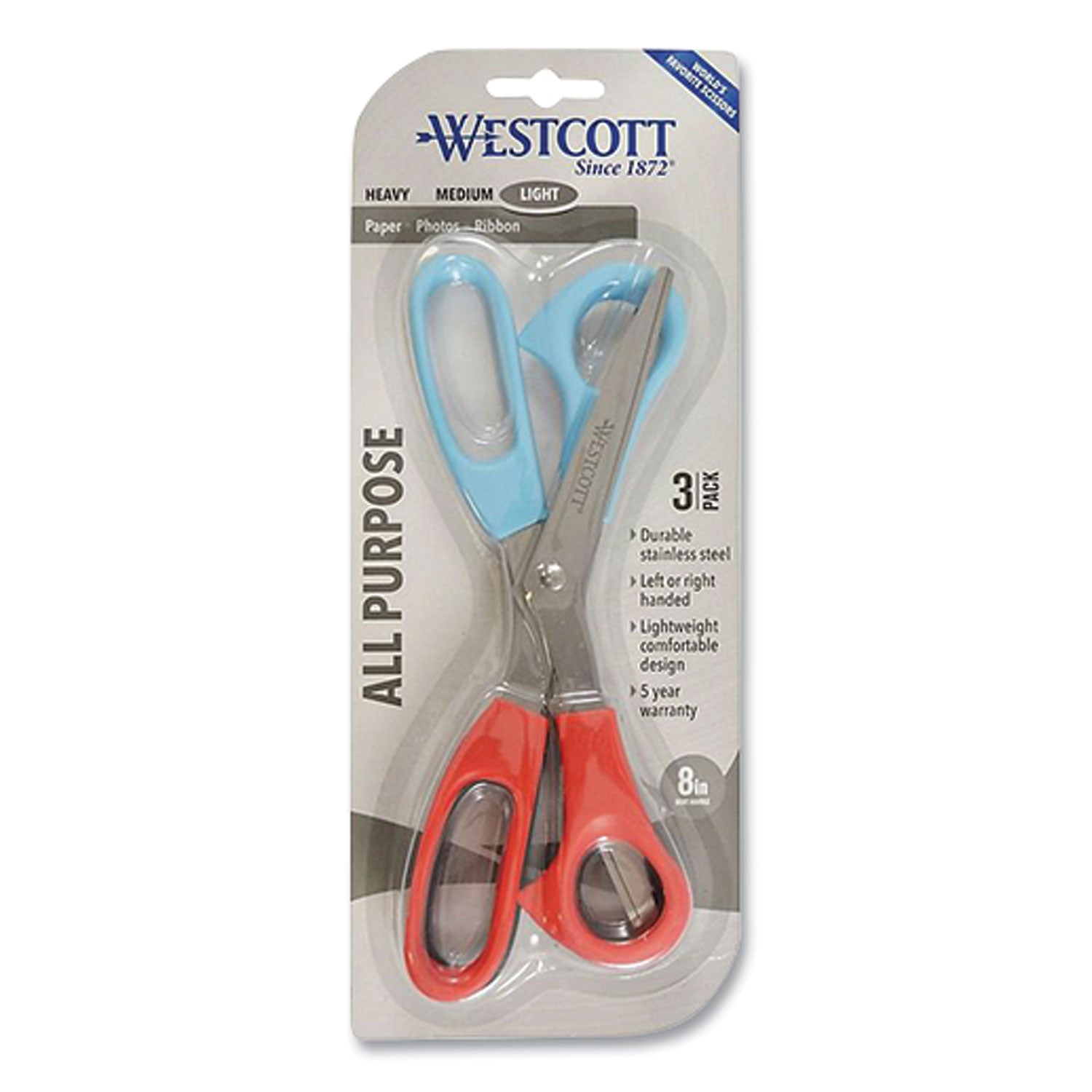 all-purpose-value-stainless-steel-scissors-three-pack-8-long-3-cut-length-assorted-color-offset-handles-3-pack_wtc13023 - 1