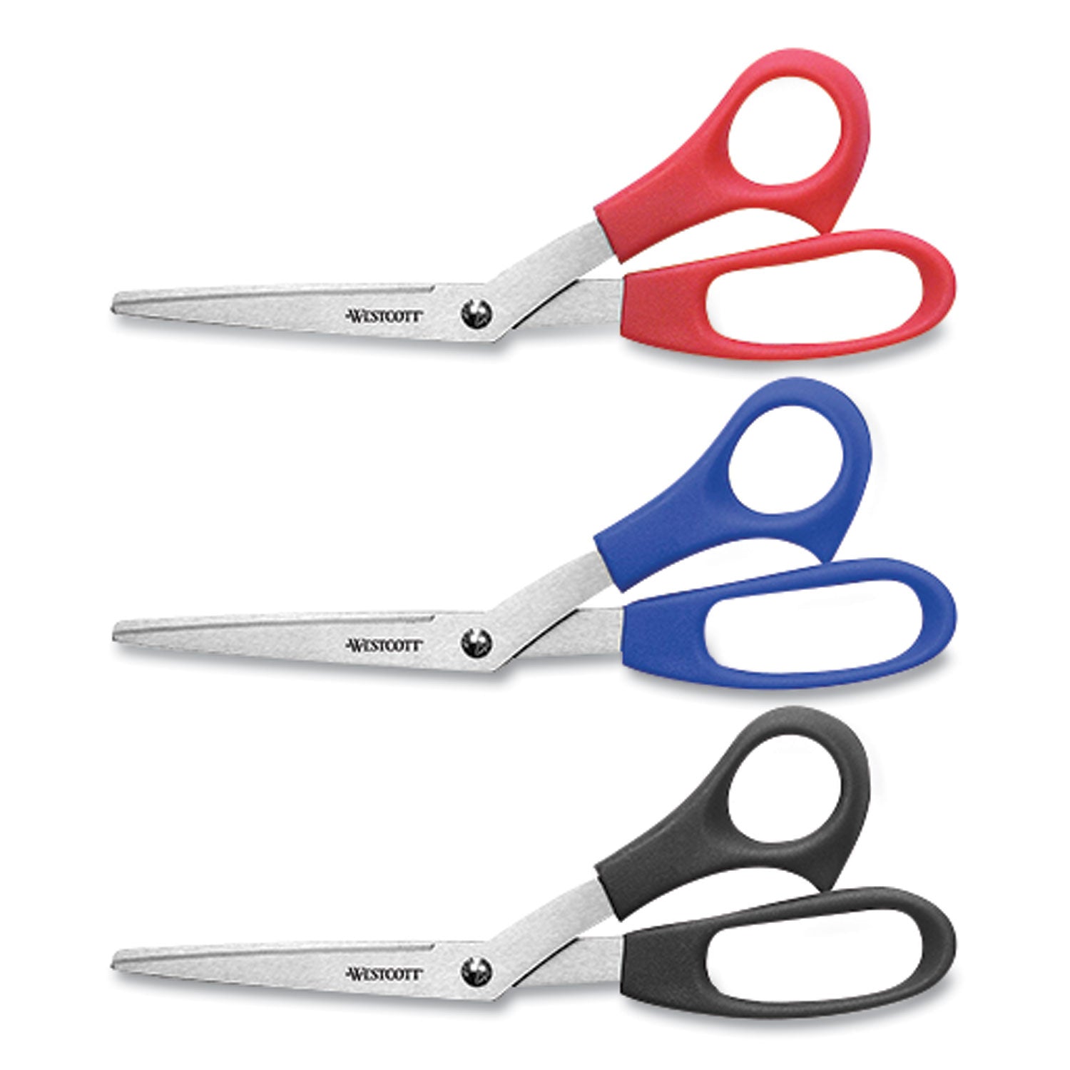 All Purpose Value Stainless Steel Scissors Three Pack, 8" Long, 3" Cut Length, Assorted Color Offset Handles, 3/Pack