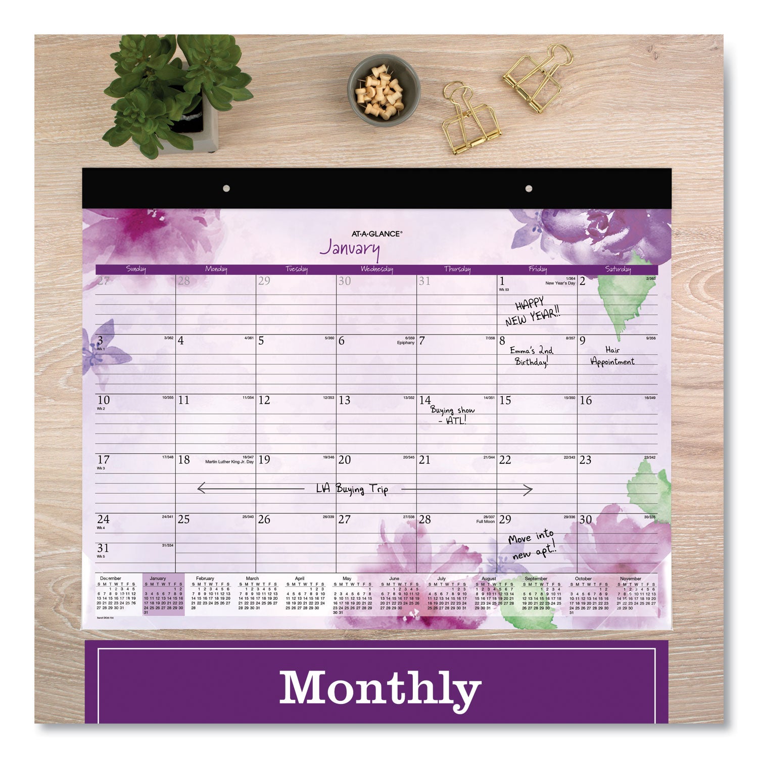 Beautiful Day Desk Pad Calendar, Floral Artwork, 21.75 x 17, Assorted Color Sheets, Black Binding, 12-Month (Jan-Dec): 2024