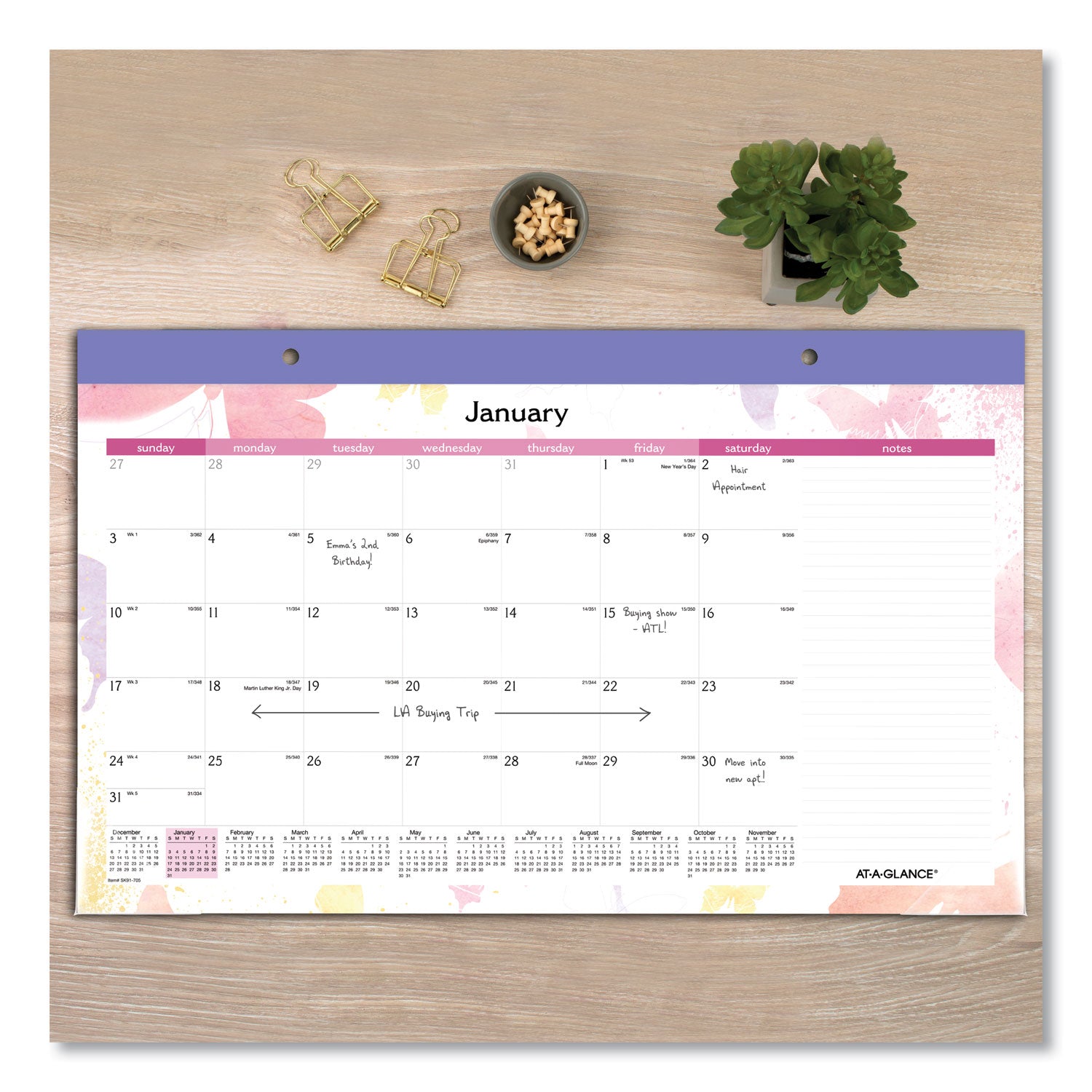 Watercolors Monthly Desk Pad Calendar, Watercolor Artwork, 17.75 x 11, White Sheets, Purple Binding, 12-Month (Jan-Dec): 2024