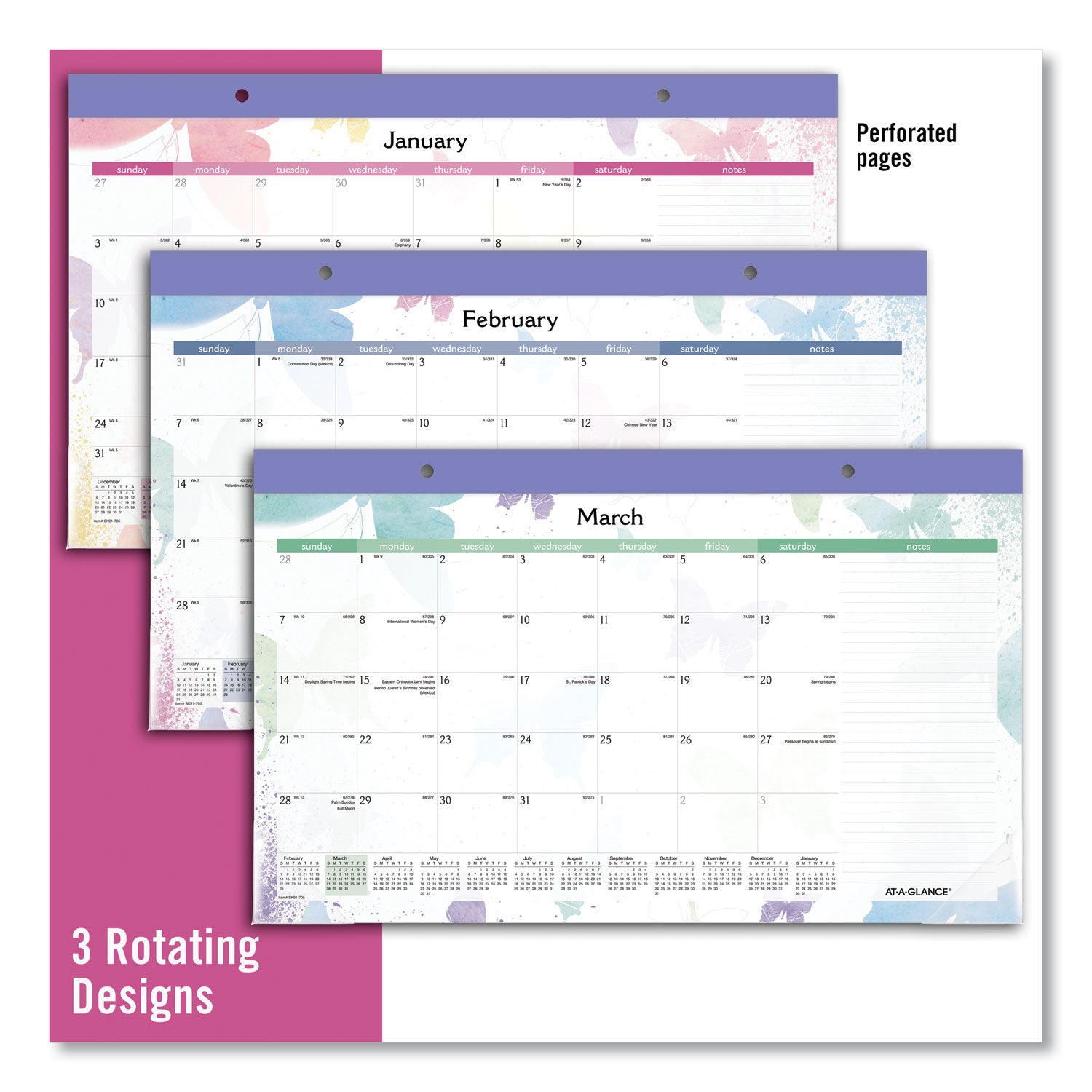 Watercolors Monthly Desk Pad Calendar, Watercolor Artwork, 17.75 x 11, White Sheets, Purple Binding, 12-Month (Jan-Dec): 2024