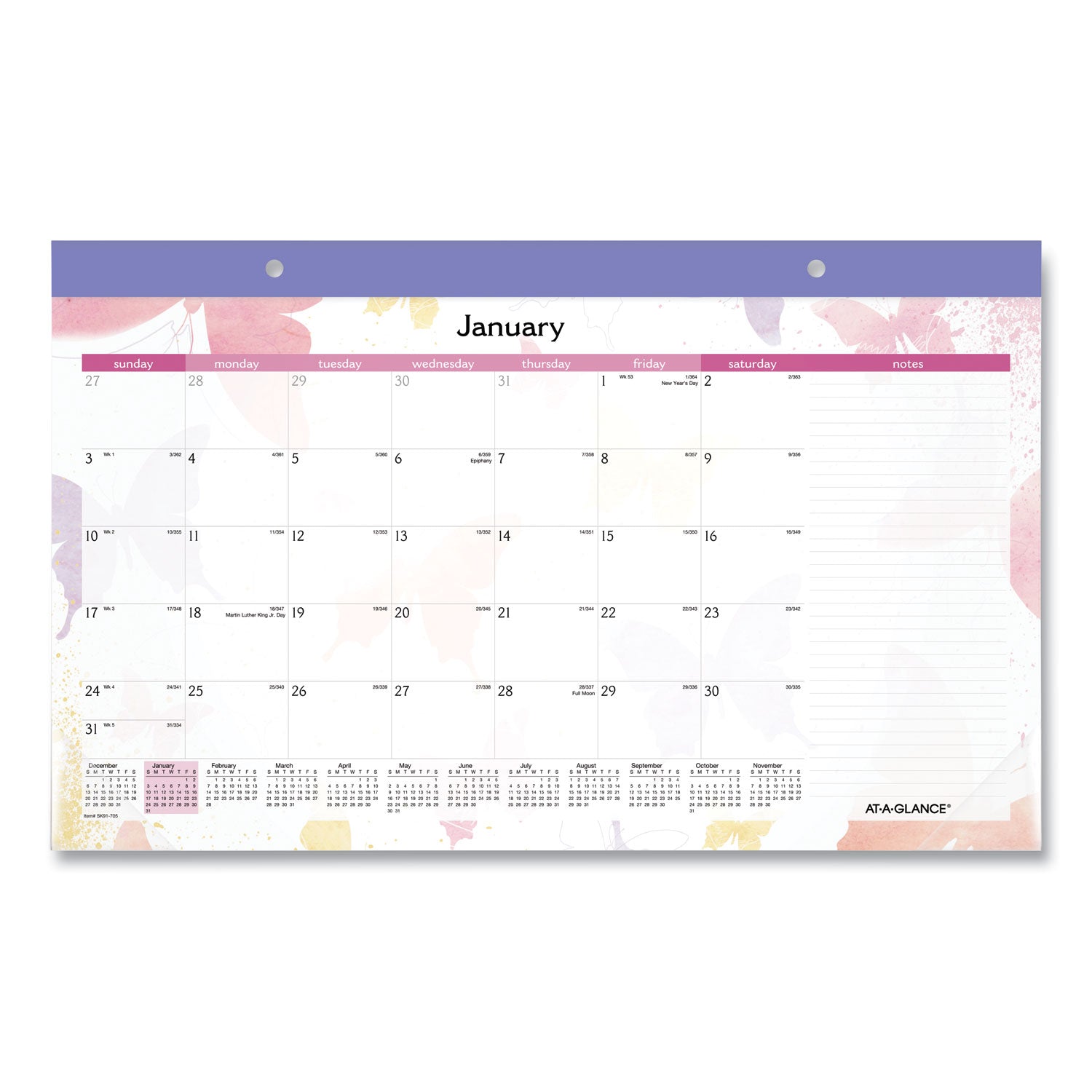 Watercolors Monthly Desk Pad Calendar, Watercolor Artwork, 17.75 x 11, White Sheets, Purple Binding, 12-Month (Jan-Dec): 2024