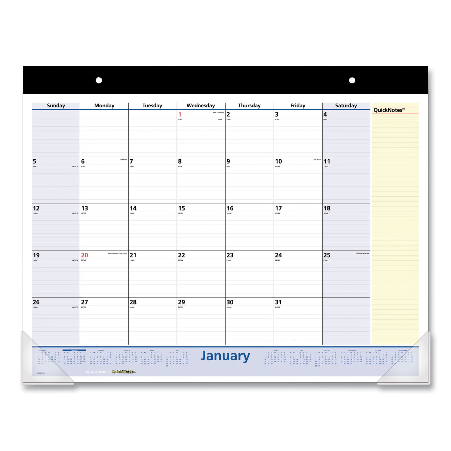 QuickNotes Desk Pad, 22 x 17, White/Blue/Yellow Sheets, Black Binding, Clear Corners, 13-Month (Jan to Jan): 2024 to 2025 - 