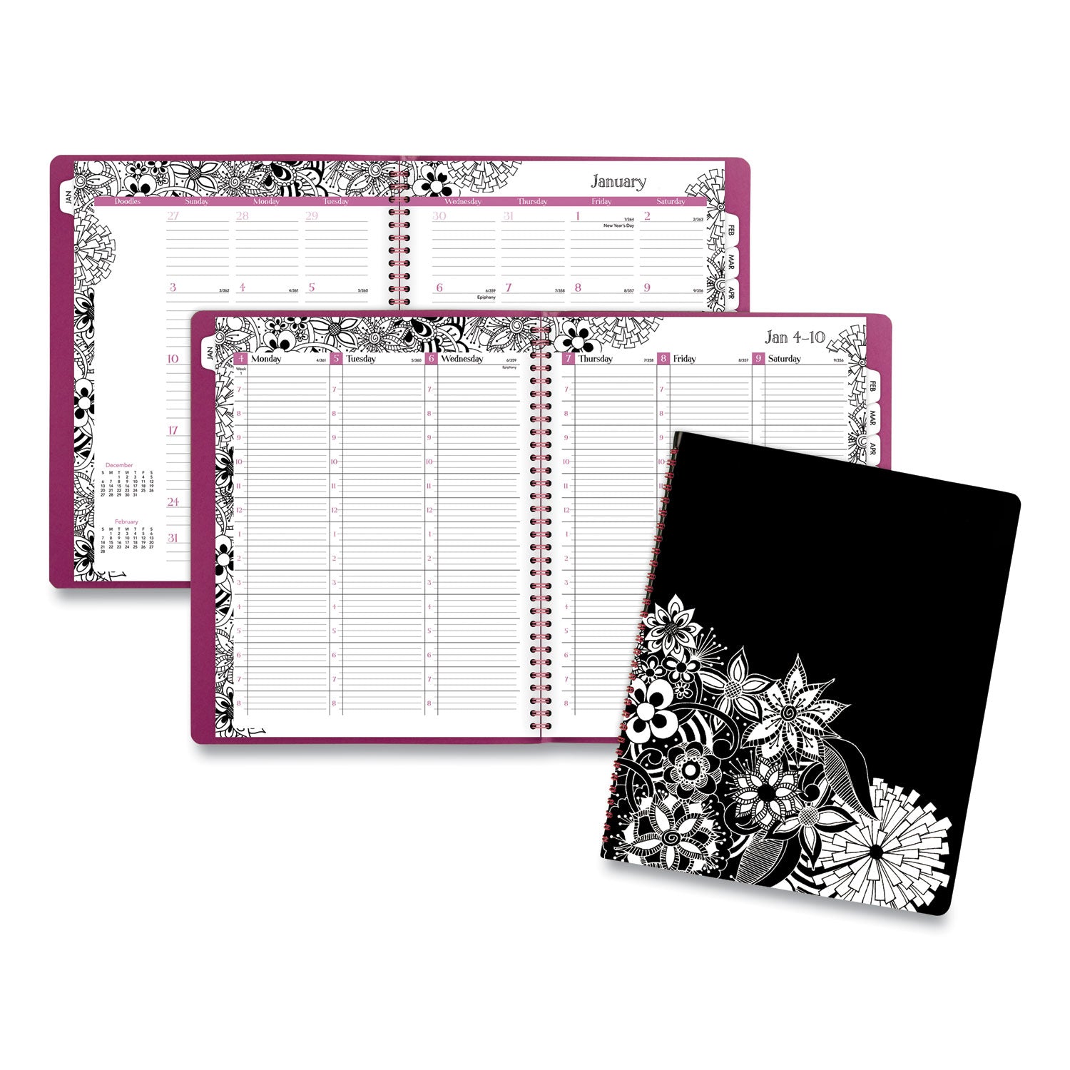 Floradoodle Weekly/Monthly Professional Planner, Adult Coloring Artwork, 11 x 8.5, Black/White Cover, 12-Month (Jan-Dec):2024
