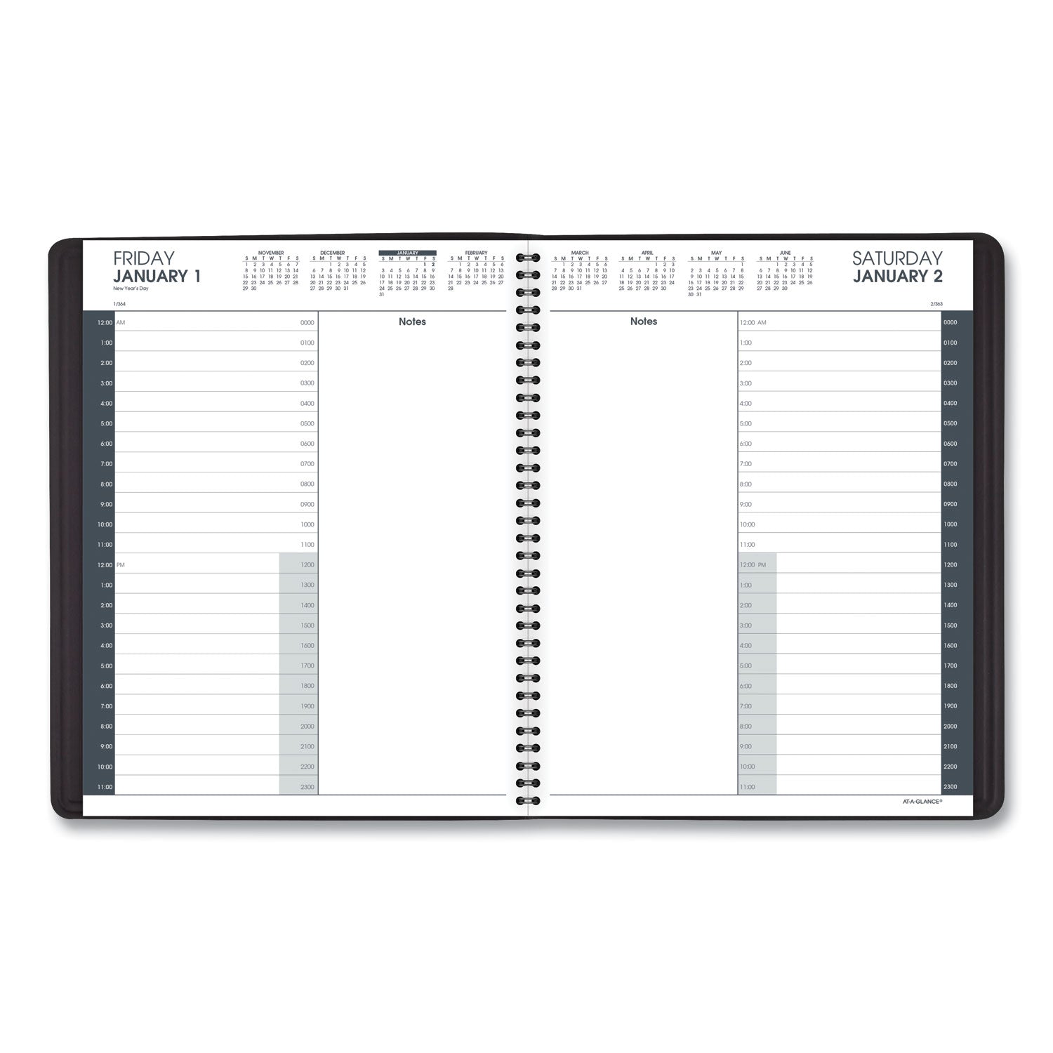 At-A-Glance 24-HourAppointment Book Planner - Daily - January 2024 - December 2024 - 12:00 AM to 11:00 PM - Hourly - 1 Day Single Page Layout - 8 1/2" x 11" Sheet Size - Wire Bound - Simulated Leather - Black CoverNotepad - 1 Each - 3