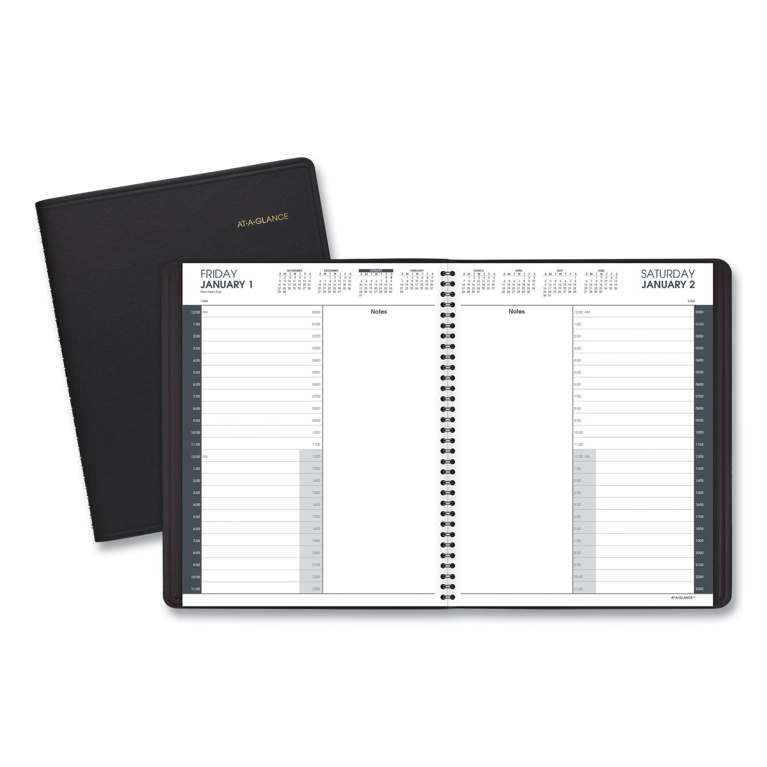 At-A-Glance 24-HourAppointment Book Planner - Daily - January 2024 - December 2024 - 12:00 AM to 11:00 PM - Hourly - 1 Day Single Page Layout - 8 1/2" x 11" Sheet Size - Wire Bound - Simulated Leather - Black CoverNotepad - 1 Each - 1