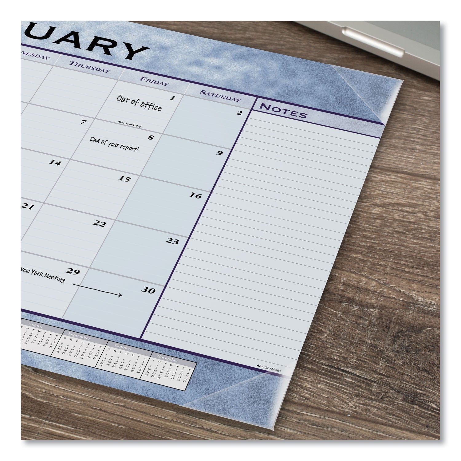 Slate Blue Desk Pad, 22 x 17, Blue Sheets, Clear Corners, 12-Month (Jan to Dec): 2024