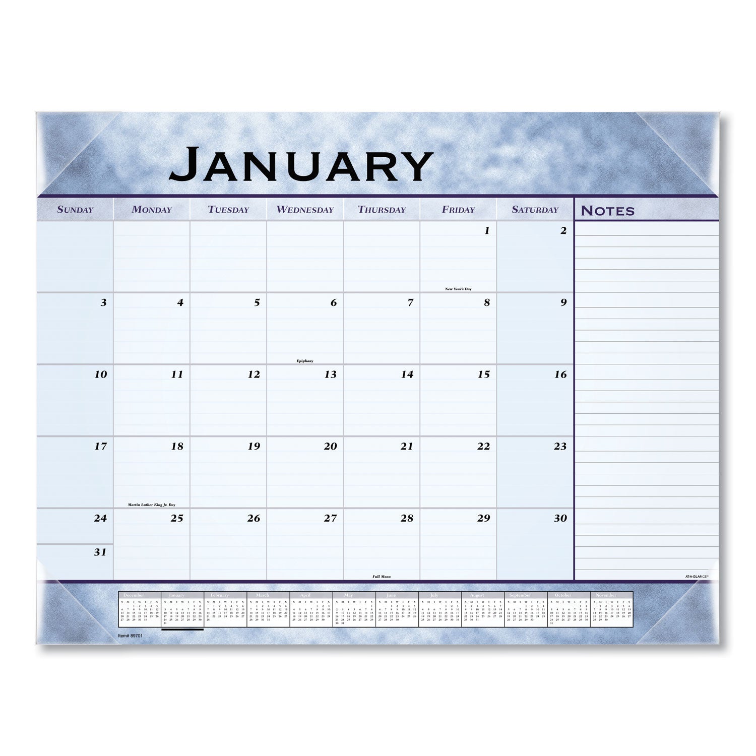 Slate Blue Desk Pad, 22 x 17, Blue Sheets, Clear Corners, 12-Month (Jan to Dec): 2024 - 