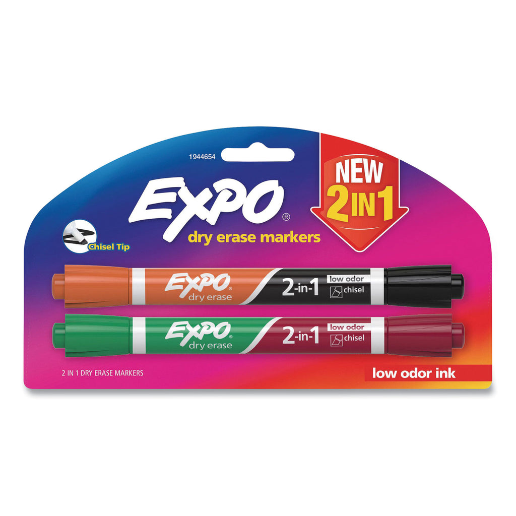 2-in-1 Dry Erase Markers, Medium Chisel Tip, Assorted Colors, 2/Pack