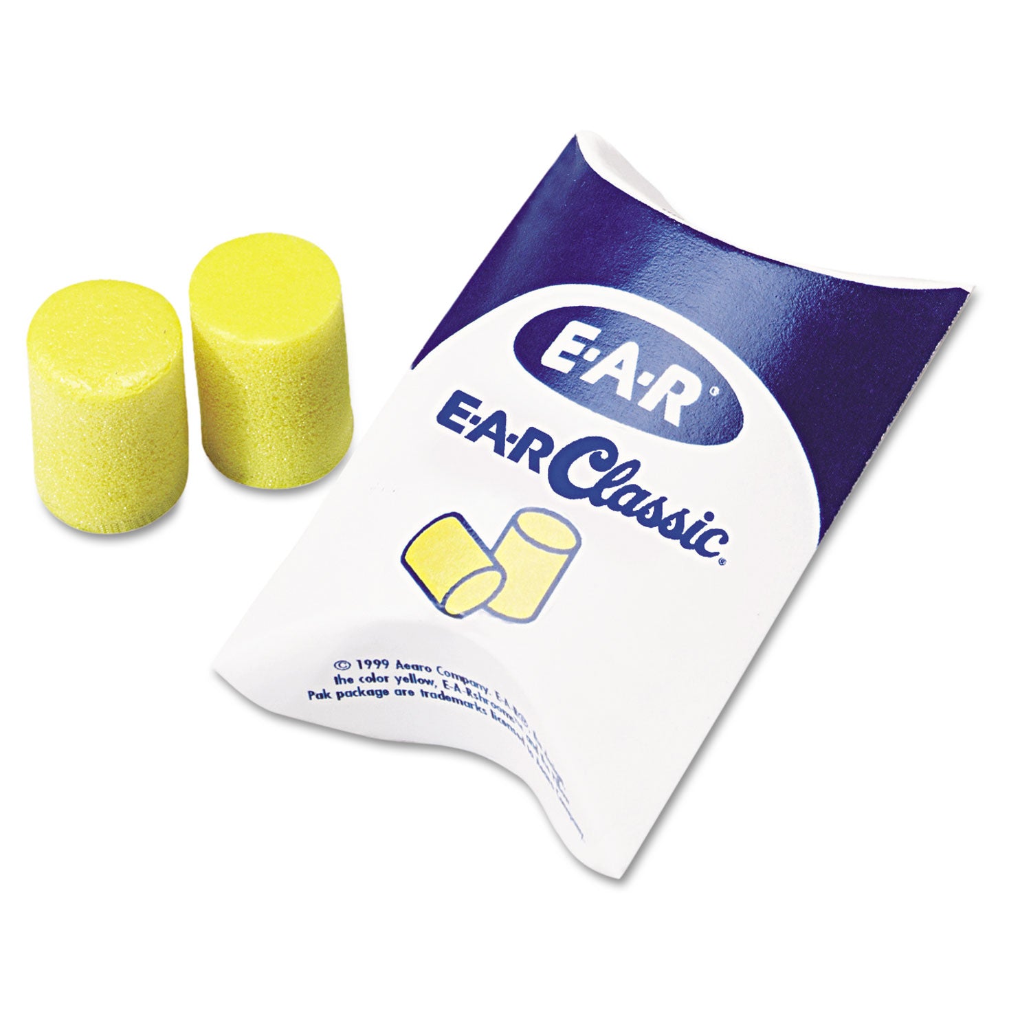 E-A-R Classic Earplugs, Pillow Paks, Cordless, PVC Foam, Yellow, 200 Pairs/Box - 