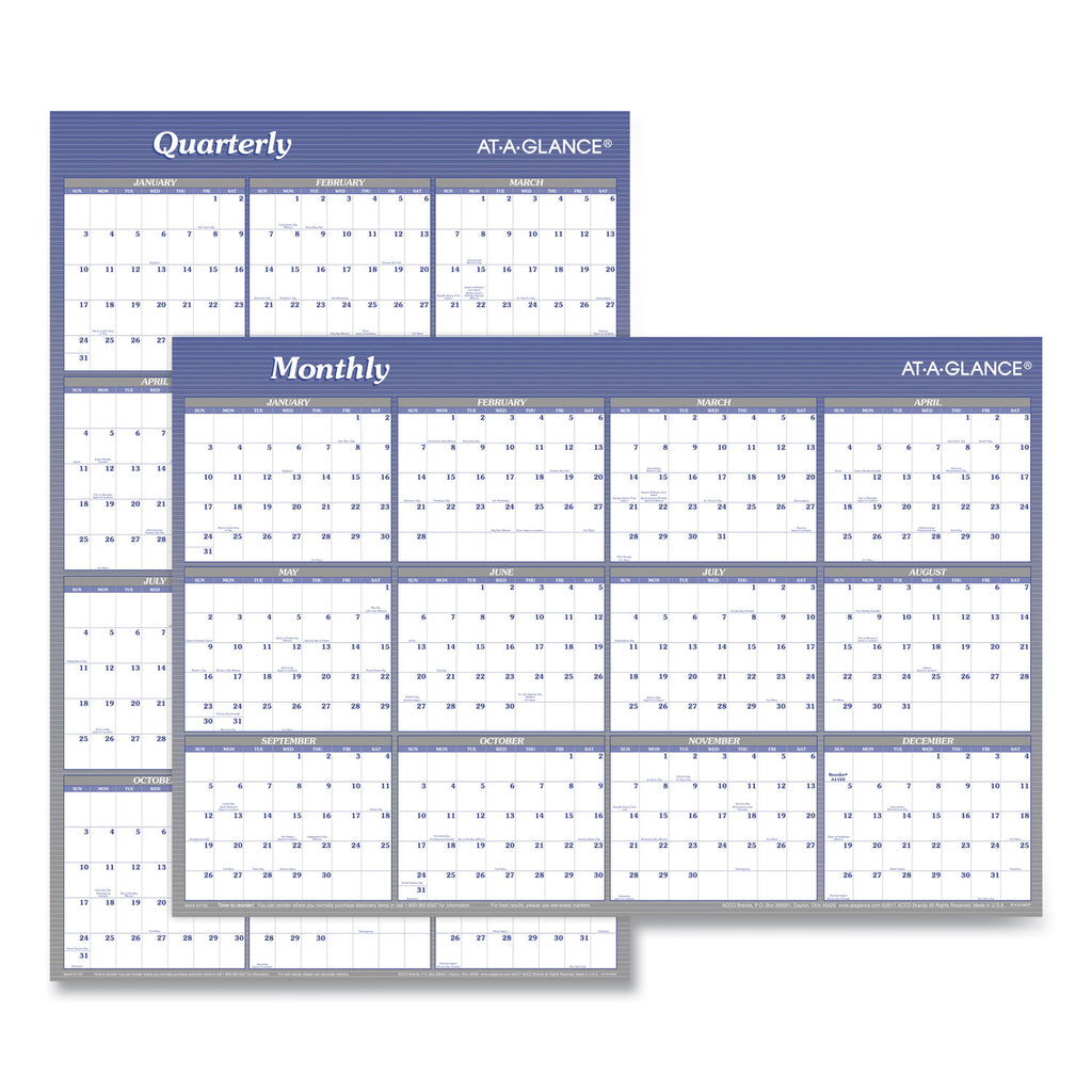 Vertical/Horizontal Erasable Quarterly/Monthly Wall Planner, 24 x 36, White/Blue Sheets, 12-Month (Jan to Dec): 2024