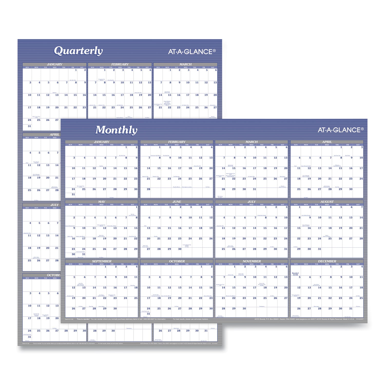 Vertical/Horizontal Erasable Quarterly/Monthly Wall Planner, 24 x 36, White/Blue Sheets, 12-Month (Jan to Dec): 2024