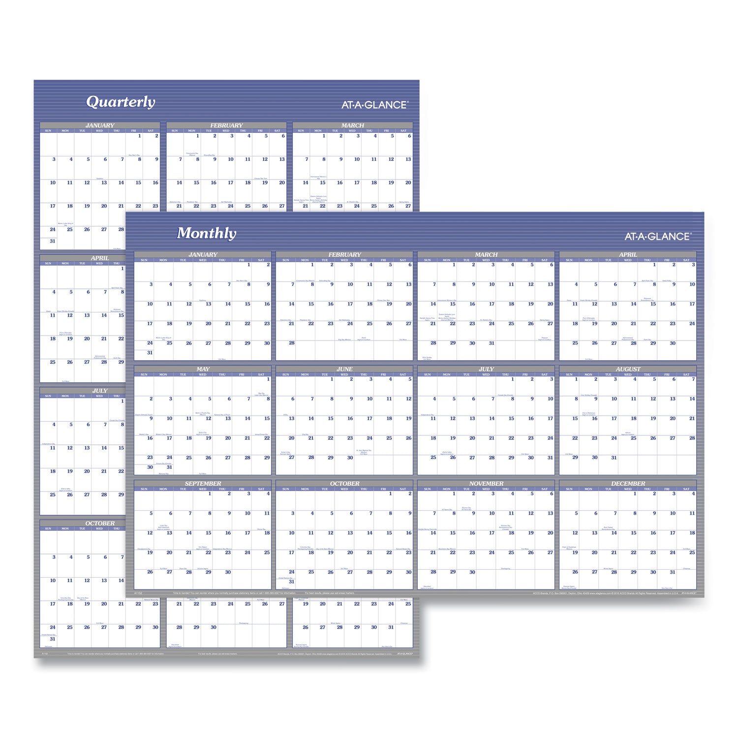 At-A-Glance Vertical Horizontal Reversible Erasable Wall Calendar - Extra Large Size - Yearly - 12 Month - January 2024 - December 2024 - 48" x 32" White Sheet - Blue - Laminate - Erasable, Reversible, Write on/Wipe off, Unruled Daily Block - 1 Pack - 3