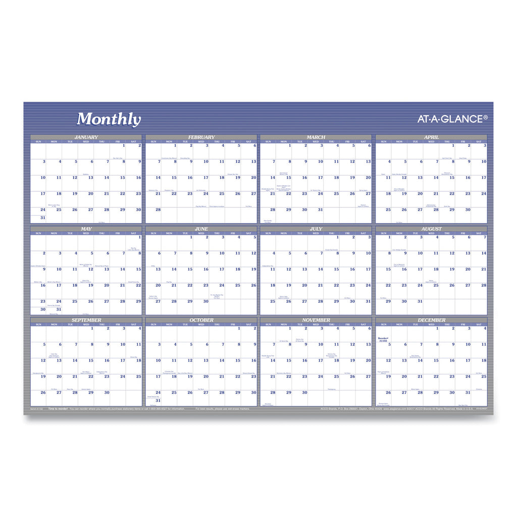 Vertical/Horizontal Erasable Quarterly/Monthly Wall Planner, 24 x 36, White/Blue Sheets, 12-Month (Jan to Dec): 2024