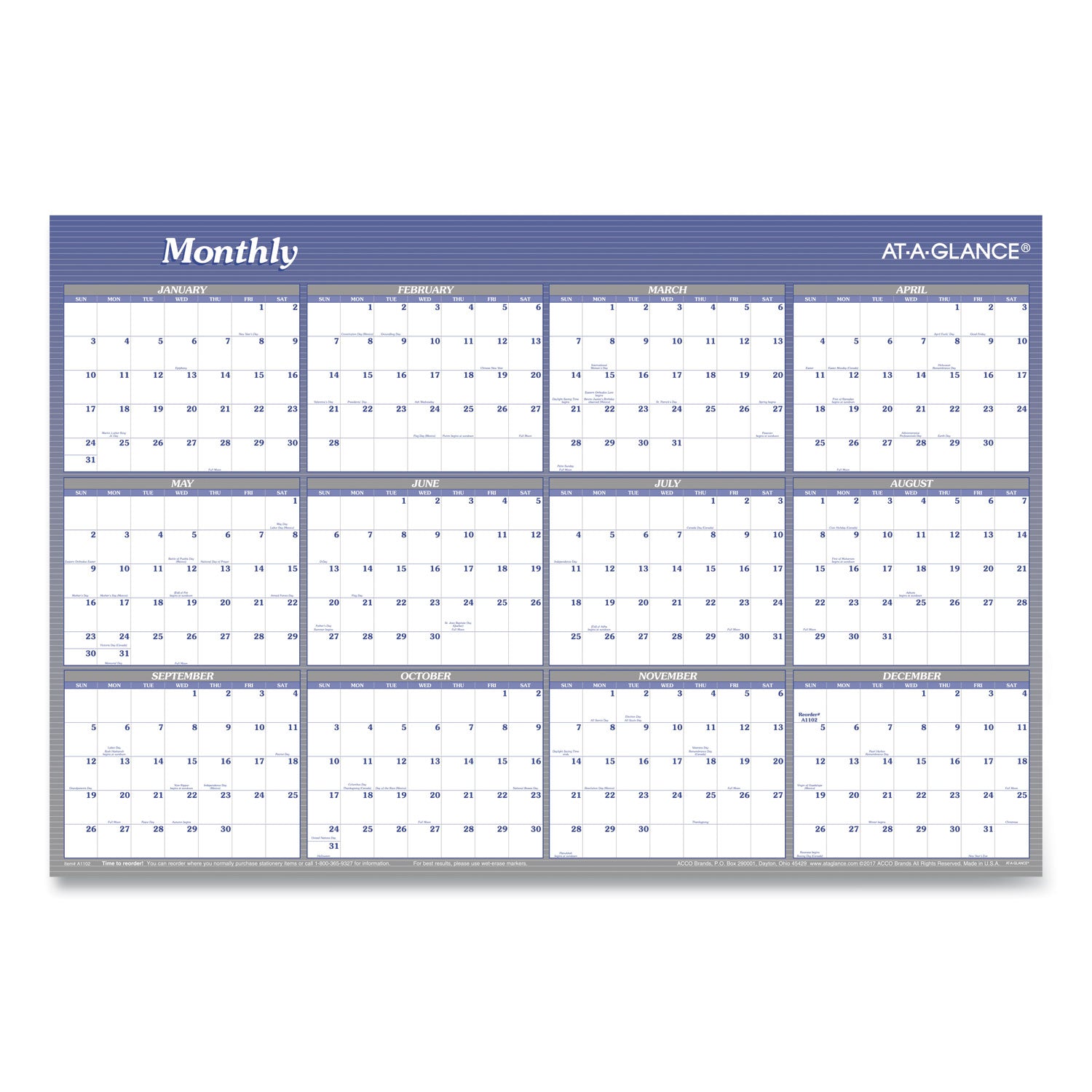 Vertical/Horizontal Erasable Quarterly/Monthly Wall Planner, 24 x 36, White/Blue Sheets, 12-Month (Jan to Dec): 2024