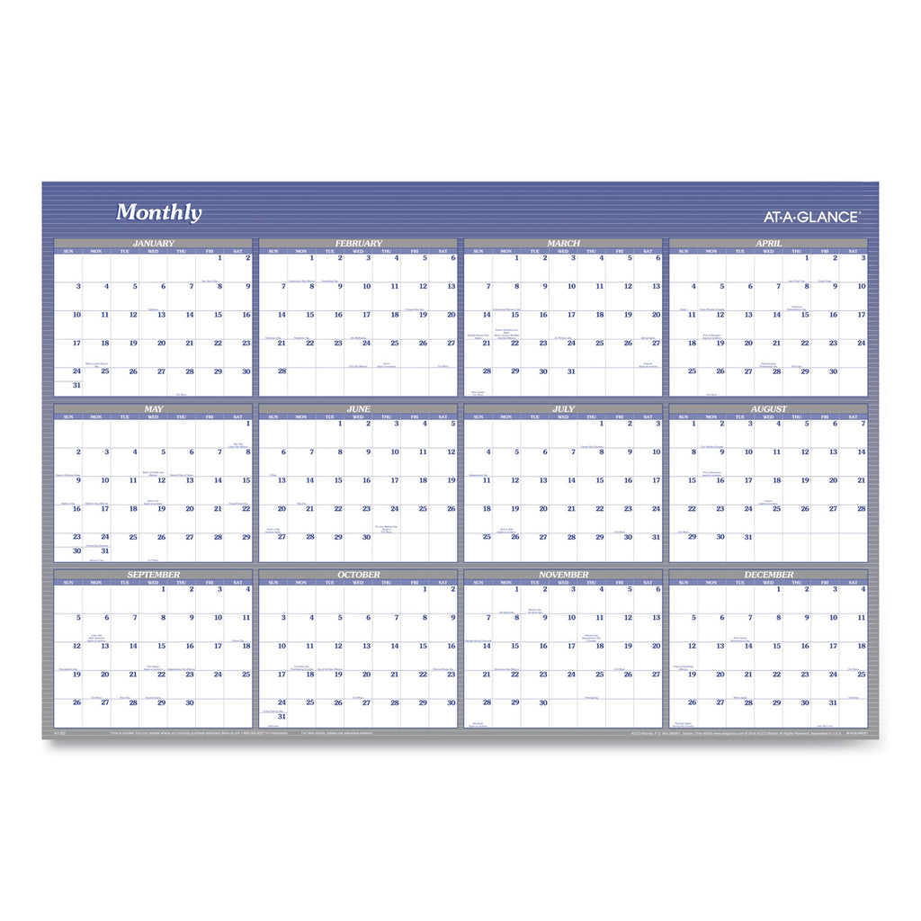 At-A-Glance Vertical Horizontal Reversible Erasable Wall Calendar - Extra Large Size - Yearly - 12 Month - January 2024 - December 2024 - 48" x 32" White Sheet - Blue - Laminate - Erasable, Reversible, Write on/Wipe off, Unruled Daily Block - 1 Pack