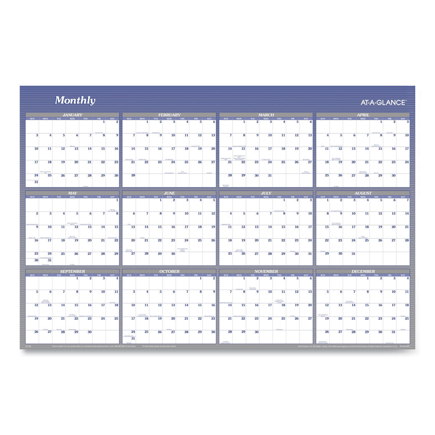 At-A-Glance Vertical Horizontal Reversible Erasable Wall Calendar - Extra Large Size - Yearly - 12 Month - January 2024 - December 2024 - 48" x 32" White Sheet - Blue - Laminate - Erasable, Reversible, Write on/Wipe off, Unruled Daily Block - 1 Pack - 1