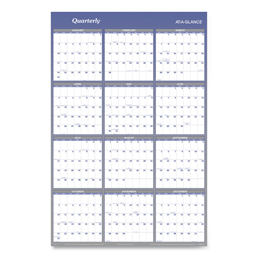 At-A-Glance Vertical Horizontal Reversible Erasable Wall Calendar - Extra Large Size - Yearly - 12 Month - January 2024 - December 2024 - 48" x 32" White Sheet - Blue - Laminate - Erasable, Reversible, Write on/Wipe off, Unruled Daily Block - 1 Pack