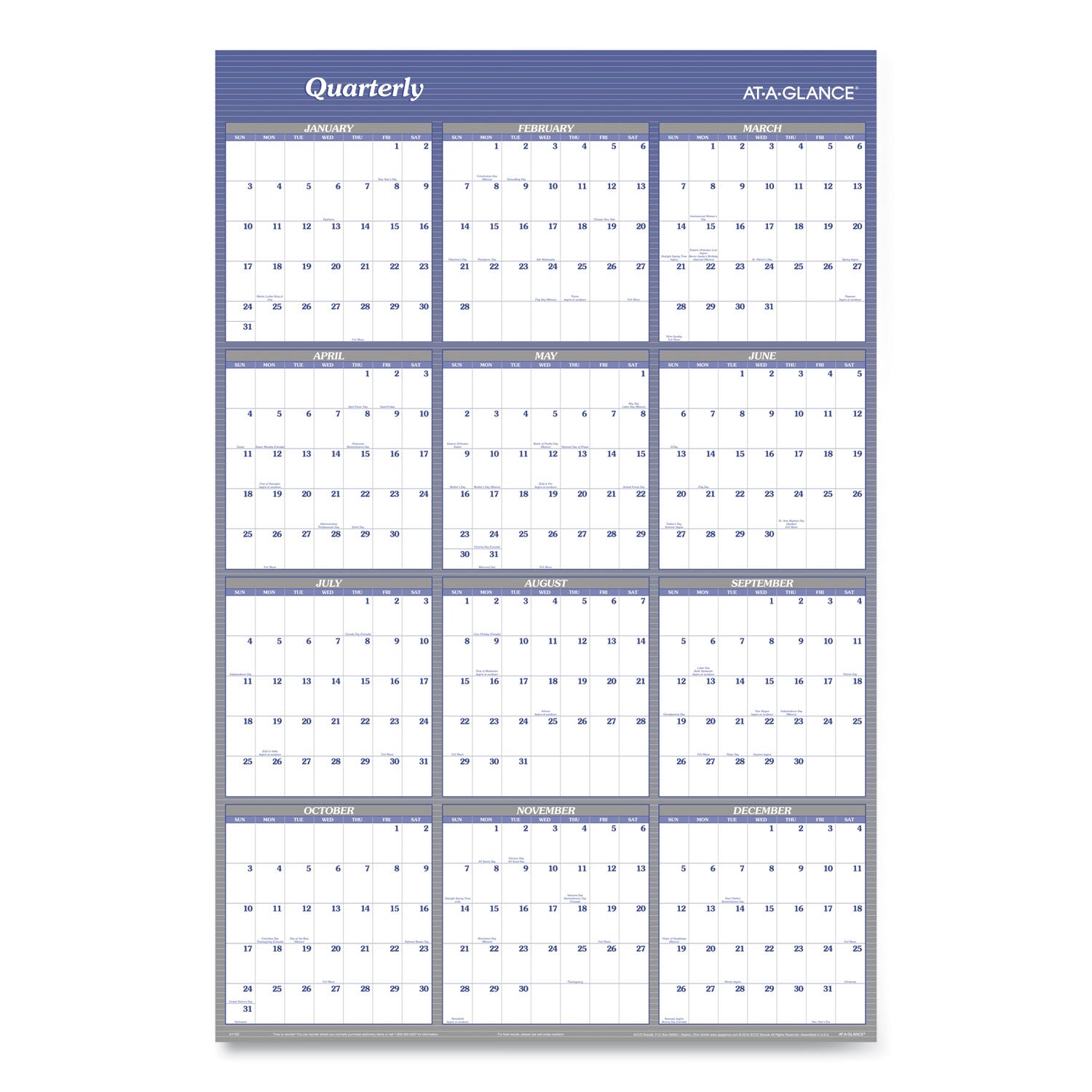 At-A-Glance Vertical Horizontal Reversible Erasable Wall Calendar - Extra Large Size - Yearly - 12 Month - January 2024 - December 2024 - 48" x 32" White Sheet - Blue - Laminate - Erasable, Reversible, Write on/Wipe off, Unruled Daily Block - 1 Pack - 2