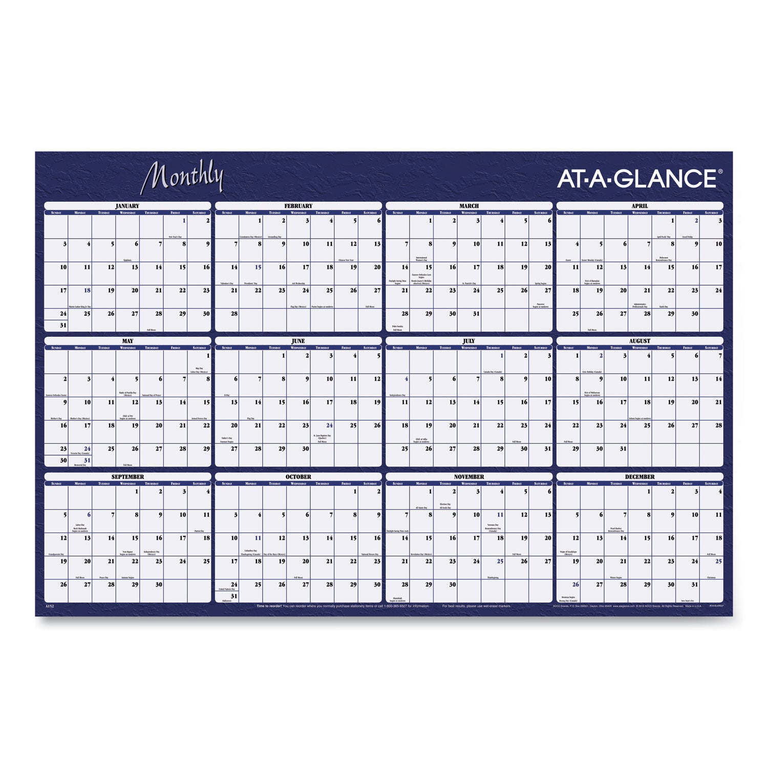 Reversible Horizontal Erasable Wall Planner, 48 x 32, Assorted Sheet Colors, 12-Month (Jan to Dec): 2024