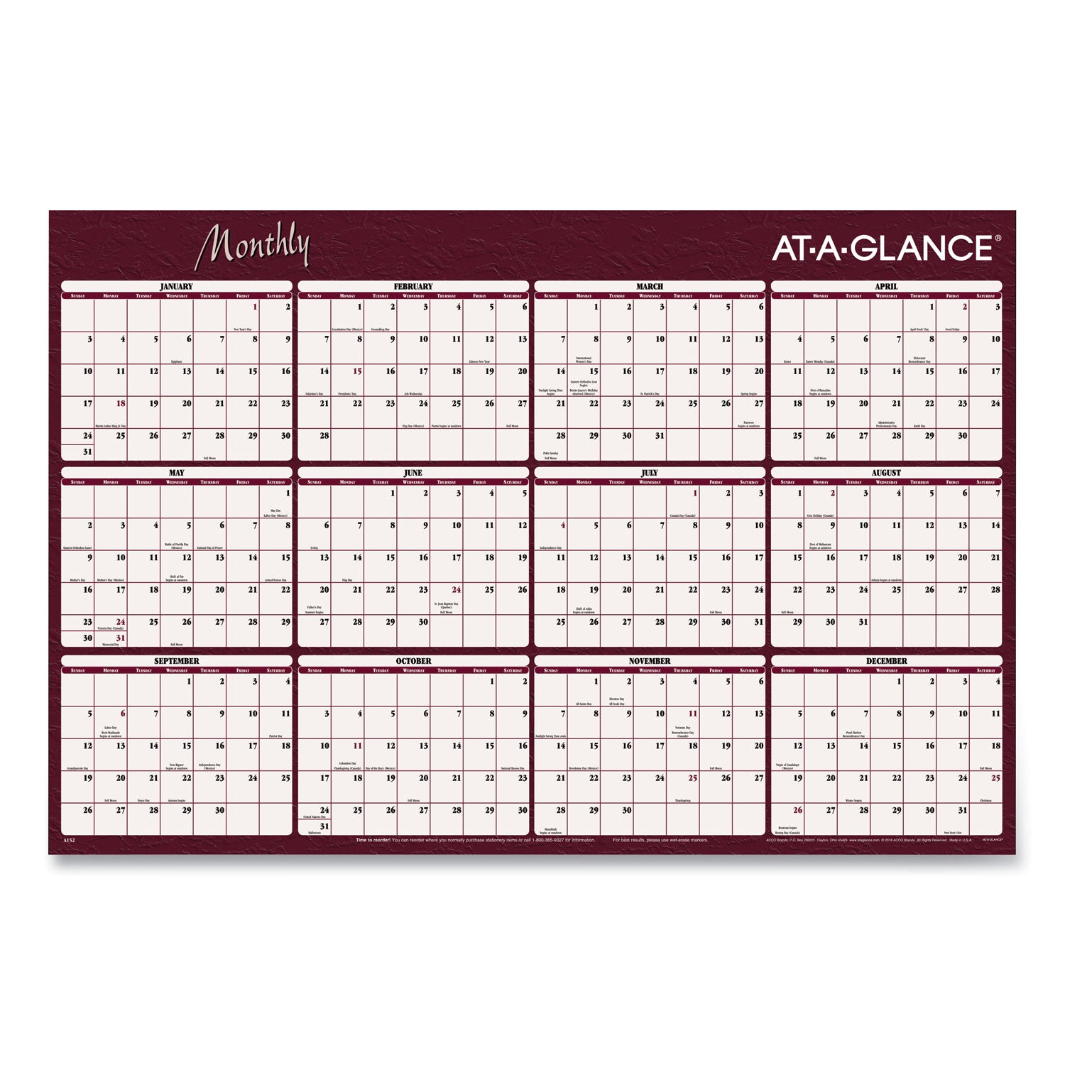 Reversible Horizontal Erasable Wall Planner, 48 x 32, Assorted Sheet Colors, 12-Month (Jan to Dec): 2024