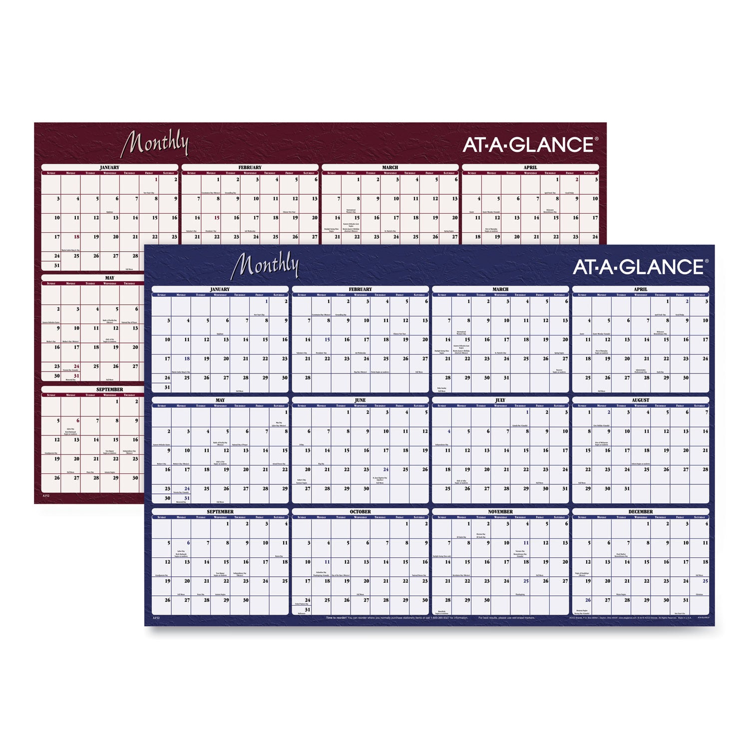 Reversible Horizontal Erasable Wall Planner, 48 x 32, Assorted Sheet Colors, 12-Month (Jan to Dec): 2024 - 