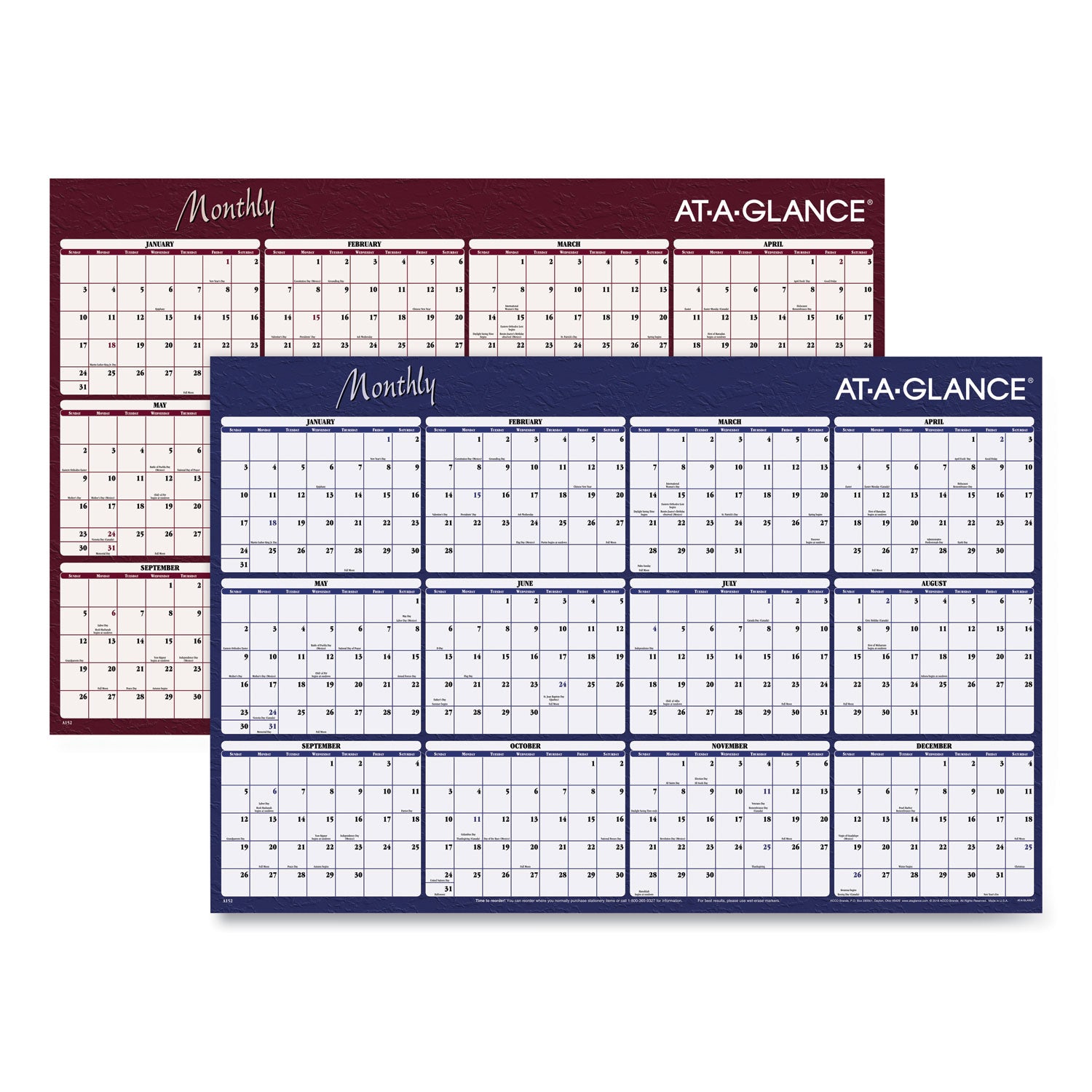 Reversible Horizontal Erasable Wall Planner, 48 x 32, Assorted Sheet Colors, 12-Month (Jan to Dec): 2024