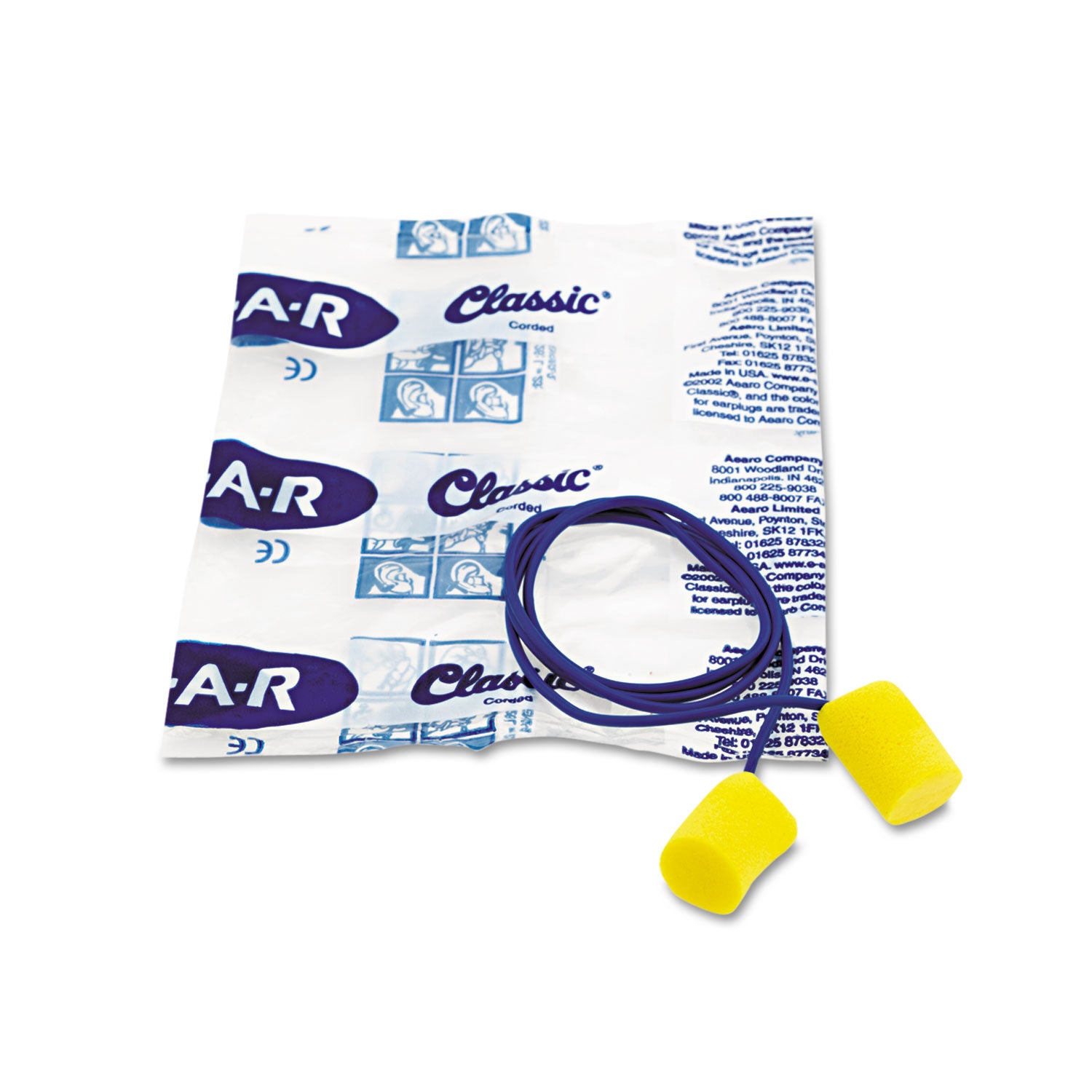 E-A-R Classic Earplugs, Corded, PVC Foam, Yellow, 200 Pairs/Box - 